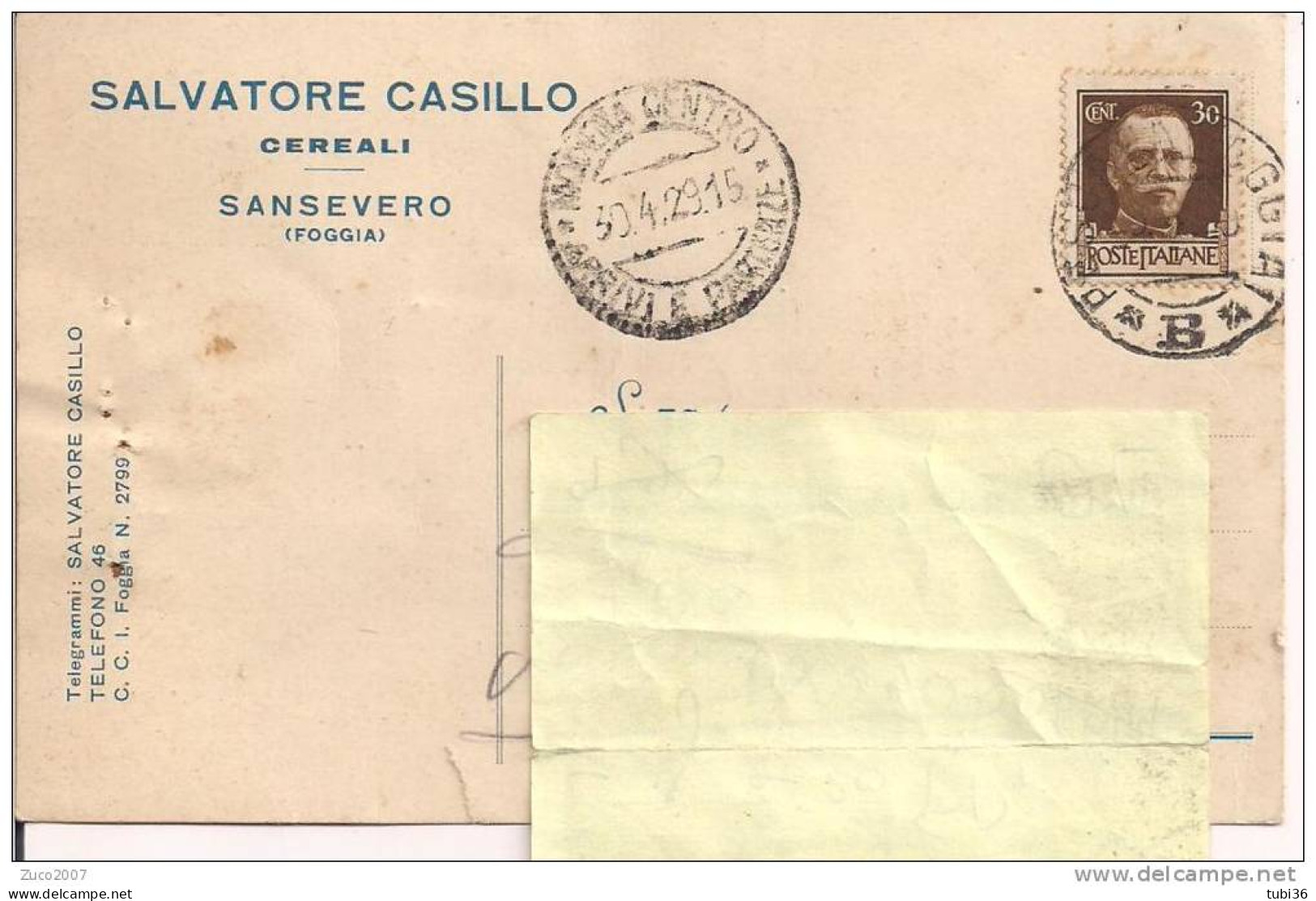 CASILLO - SANSEVERO  - CARTOLINA POSTALE VIAGGIATA  1929 - TIMBRO POSTE MESS.  PESCARA / FOGGIA  B - San Severo