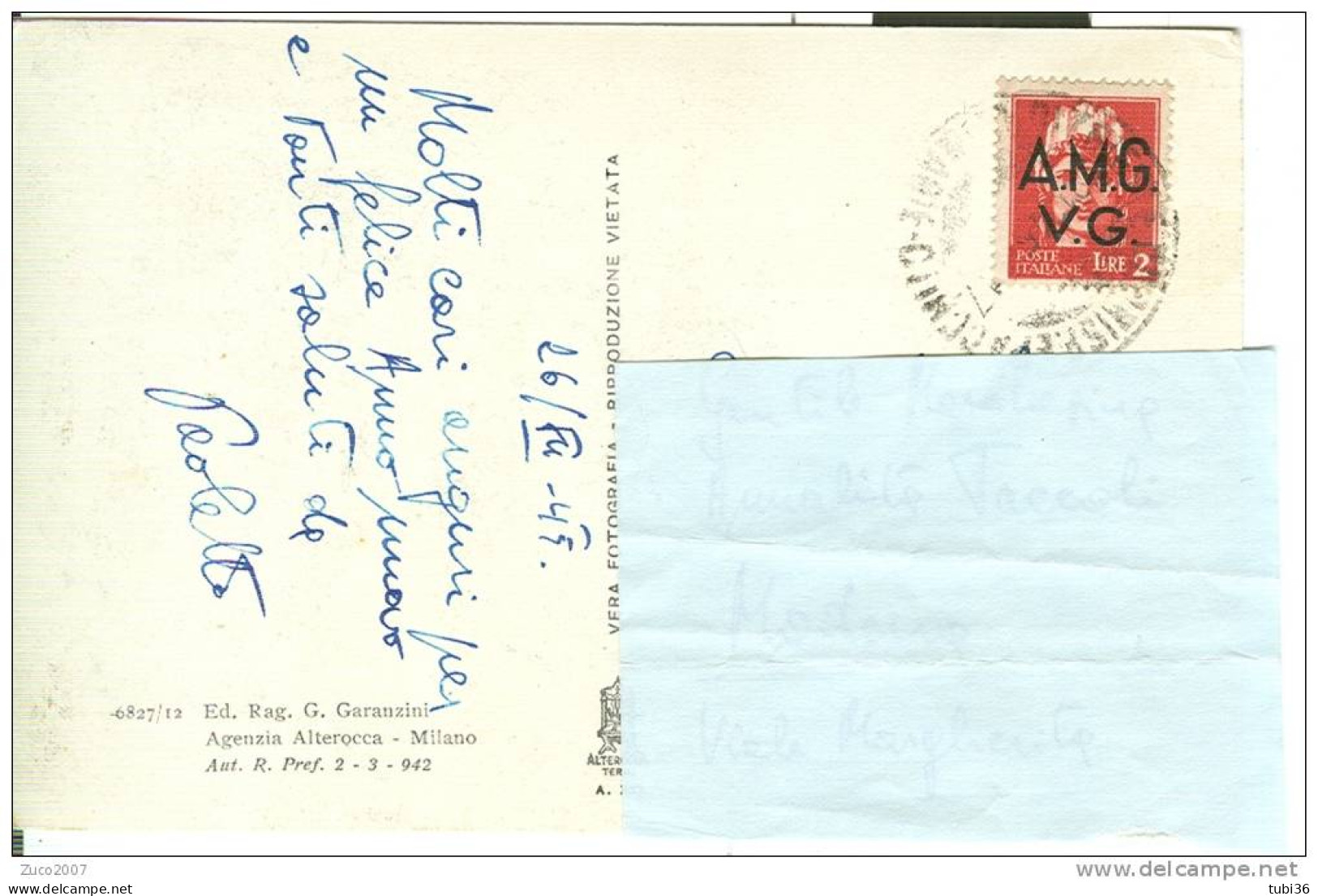 STORIA POSTALE - IMPERIALE £. 2 - AMG  VG - ISOLATO IN TARIFFA SU CARTOLINA VIAGGIATA  26/9/1945 -  GG. 4 - Marcophilie