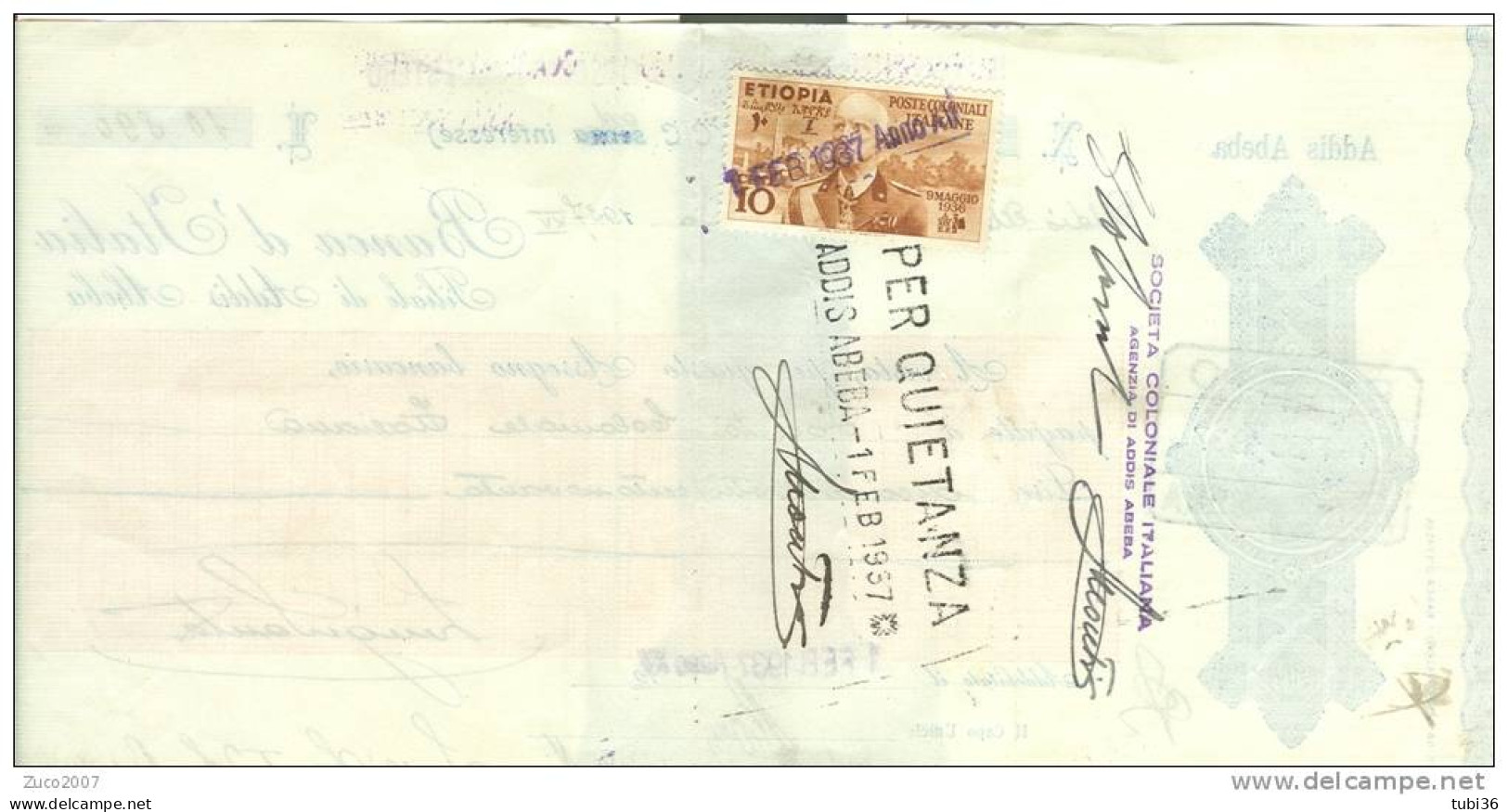 BANCA D'ITALIA - ADDIS  ABEBA - 1937 - ASSEGNO BANCARIO  IN LIRE  CON FRANCOBOLLO USATO COME MARCA DA BOLLO PER QUIETANZ - Africa