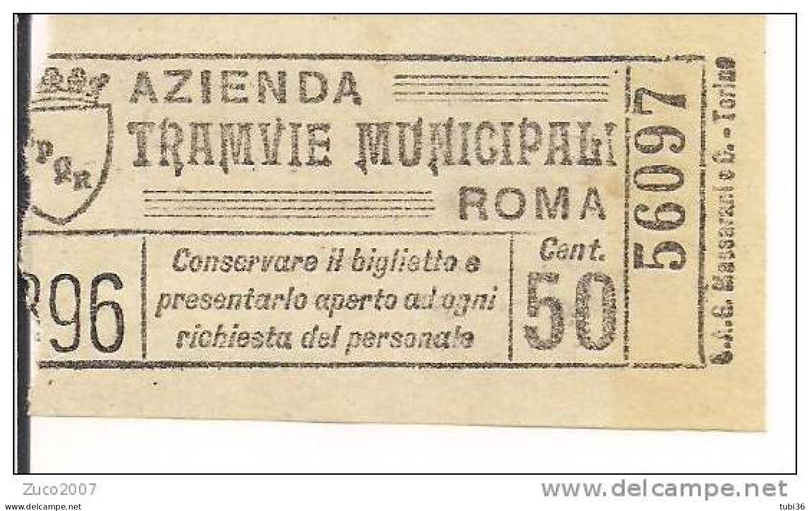 AZIENDE TRAMVIE  MUNICIPALI  ROMA - BIGLIETTO  USO TRAMVIARIO - Cent. 50 -  NOTA - Europa