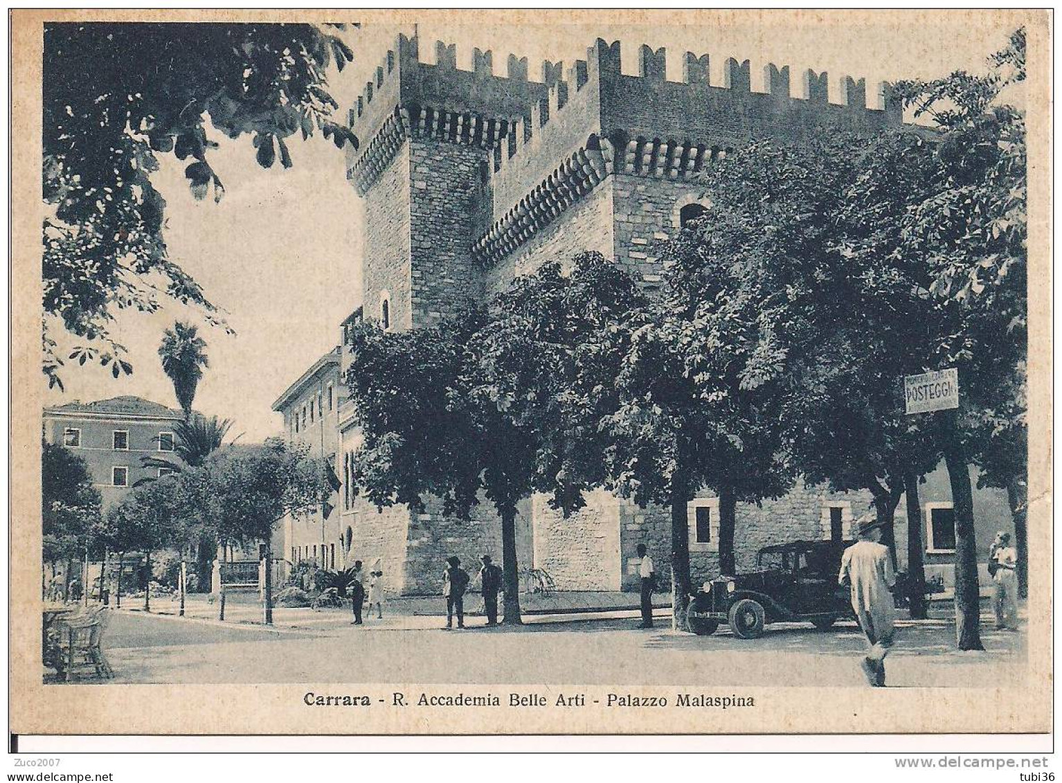 CARRARA - R. ACCADEMIA BELLE ARTI -  PALAZZO MALASPINA - B/N VIAGGIATA  1939 -  ANIMATA E VETTURE D'EPOCA - - Carrara