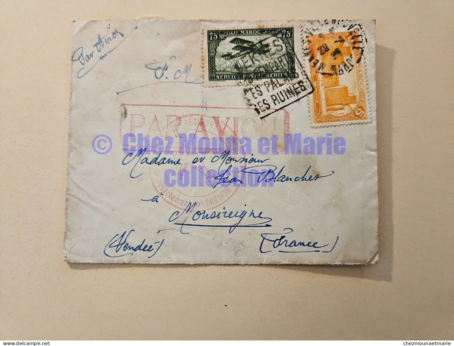 MAROC SERVICE POSTAL AERIEN 80 CENTIMES 23 REGIMENT TIRAILLEURS ALGERIENS MARTIN LOUIS POUR BLANCHET A MONSIREIGNE - ENV - Autres & Non Classés