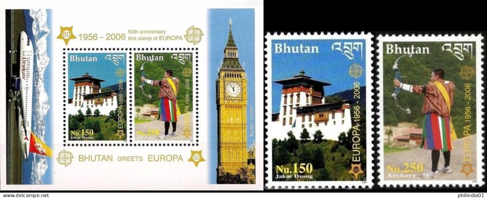 Bhutan 2006 Europa Dzong & Archery Sc 1421-22a High Value 2v+M/s MNH # 5971 - Tir à L'Arc