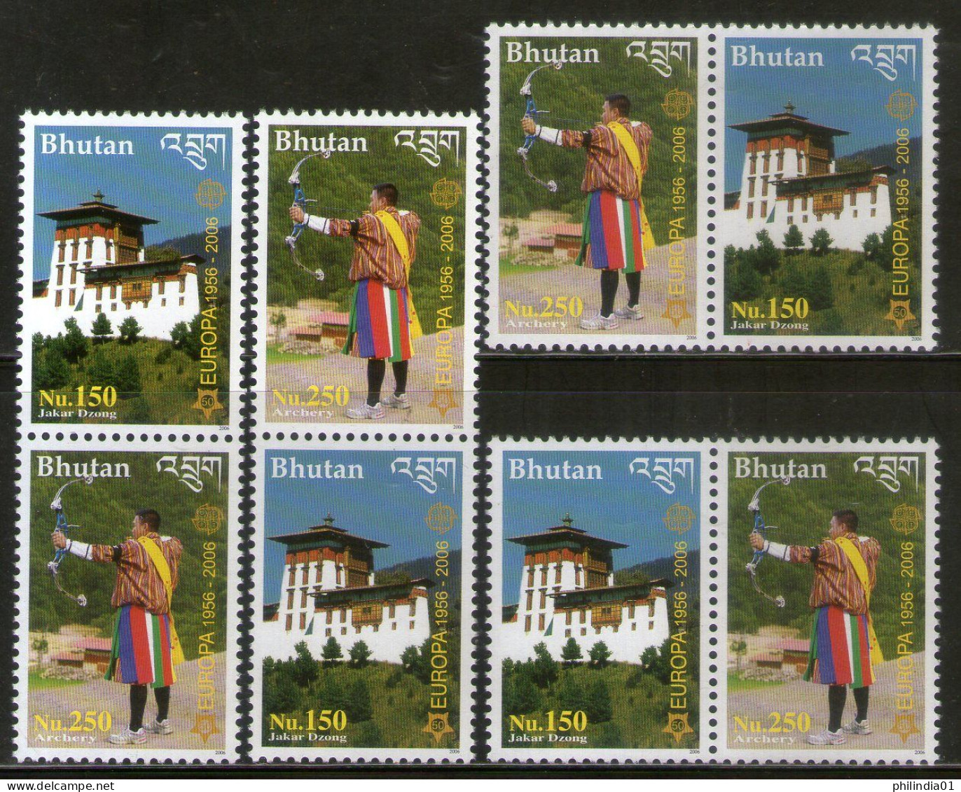 Bhutan 2006 Europa Dzong & Archery Sc 1421-22 High Value 2v 4 Diff Pair MNH # 23 - Tiro Al Arco