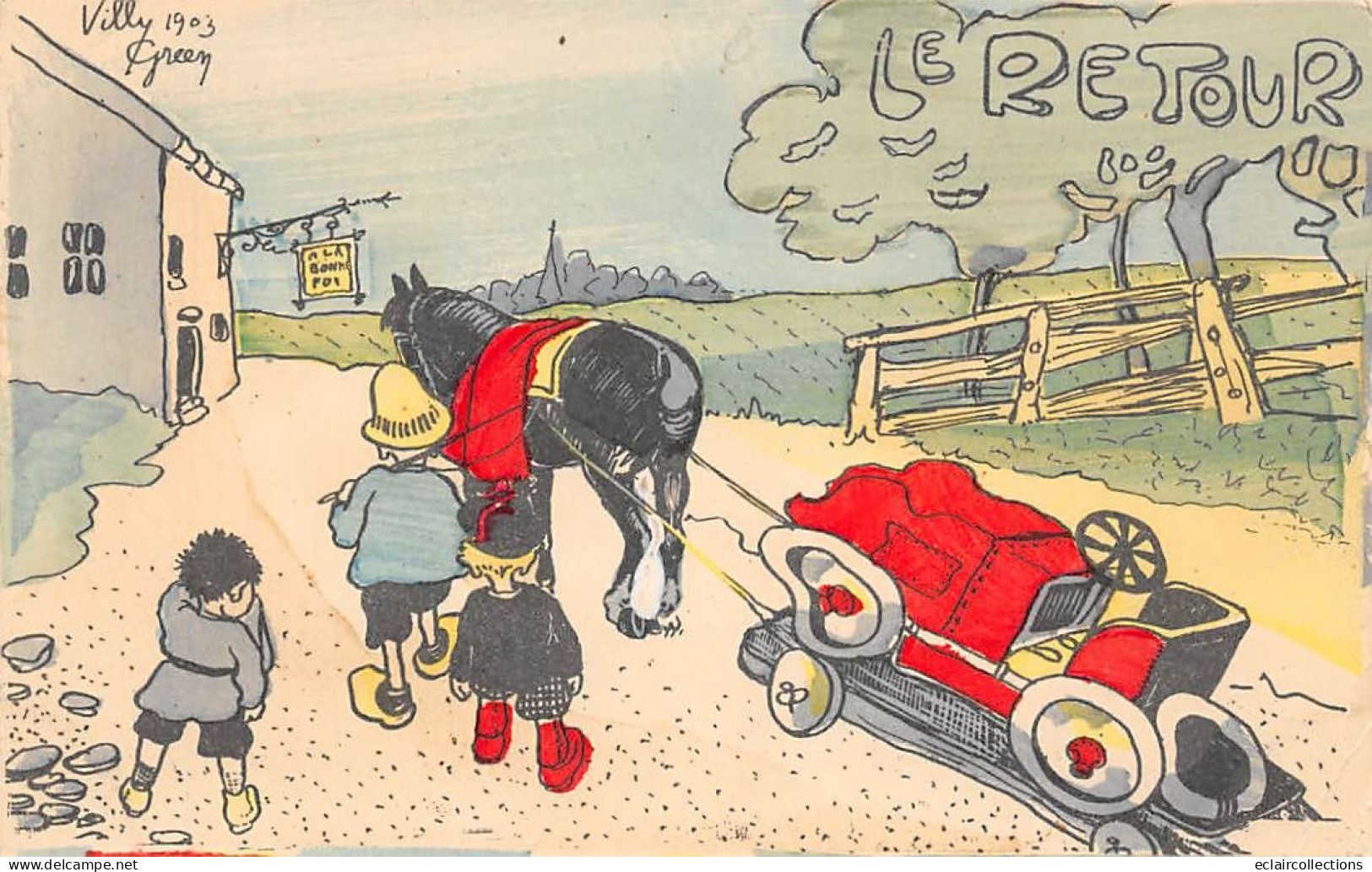 Illustrateur   Villy Green       Le Retour. Voiture Accidentée Tractée Par Un Cheval       (voir Scan) - Sonstige & Ohne Zuordnung