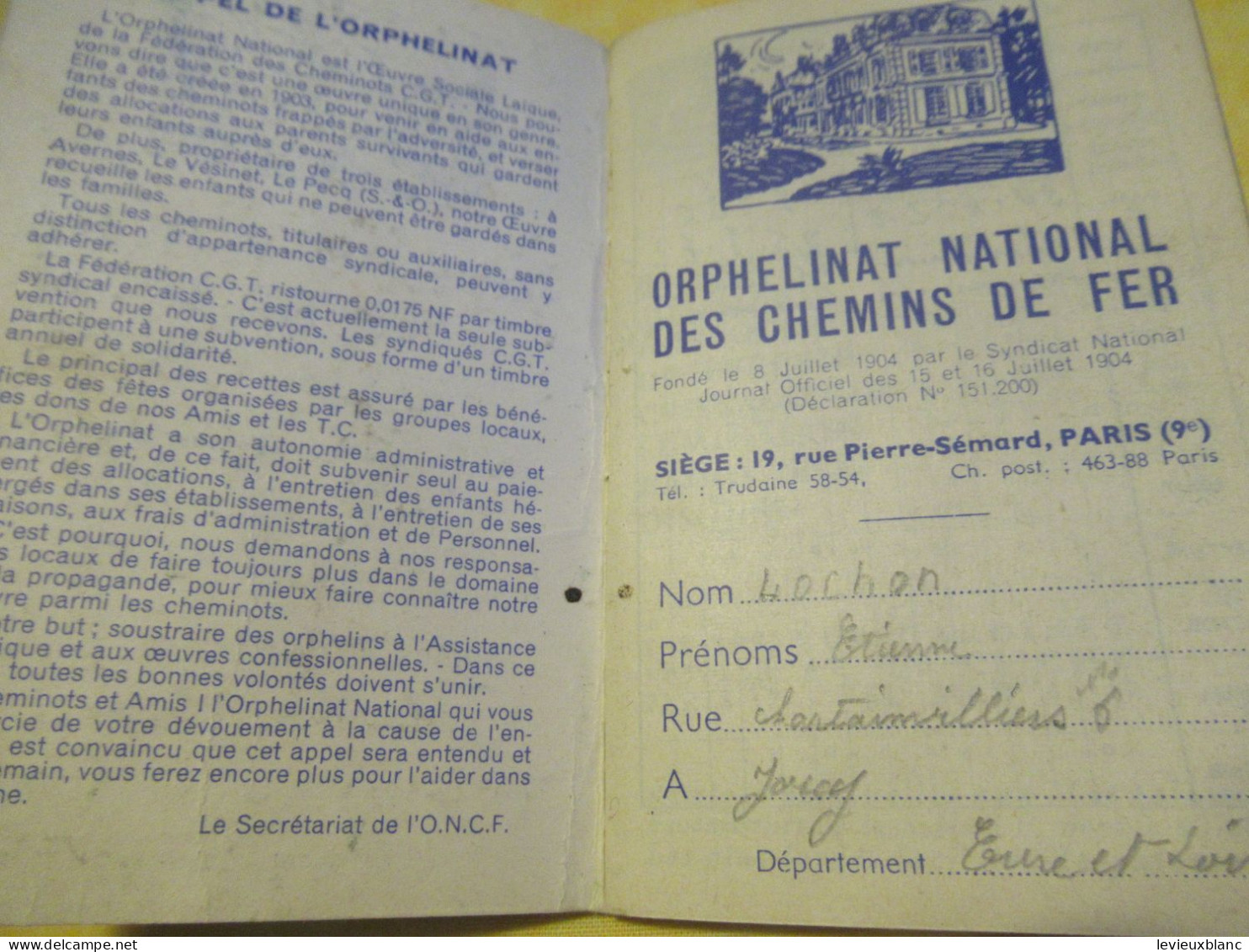 Petit Agenda  Ancien/Usagé/ORPHELINAT NATIONAL/Fédération Nationale Des Chemins De Fer/ Etienne LOCHON/ 1962     CAL527 - Petit Format : 1961-70