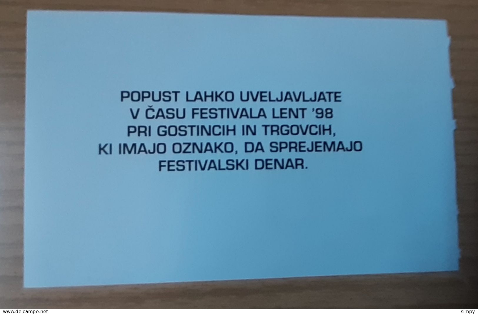 SLOVENIA 100 Lentof 1998 LENT Festival Maribor Coupon Bon Voucher UNC - Slovénie