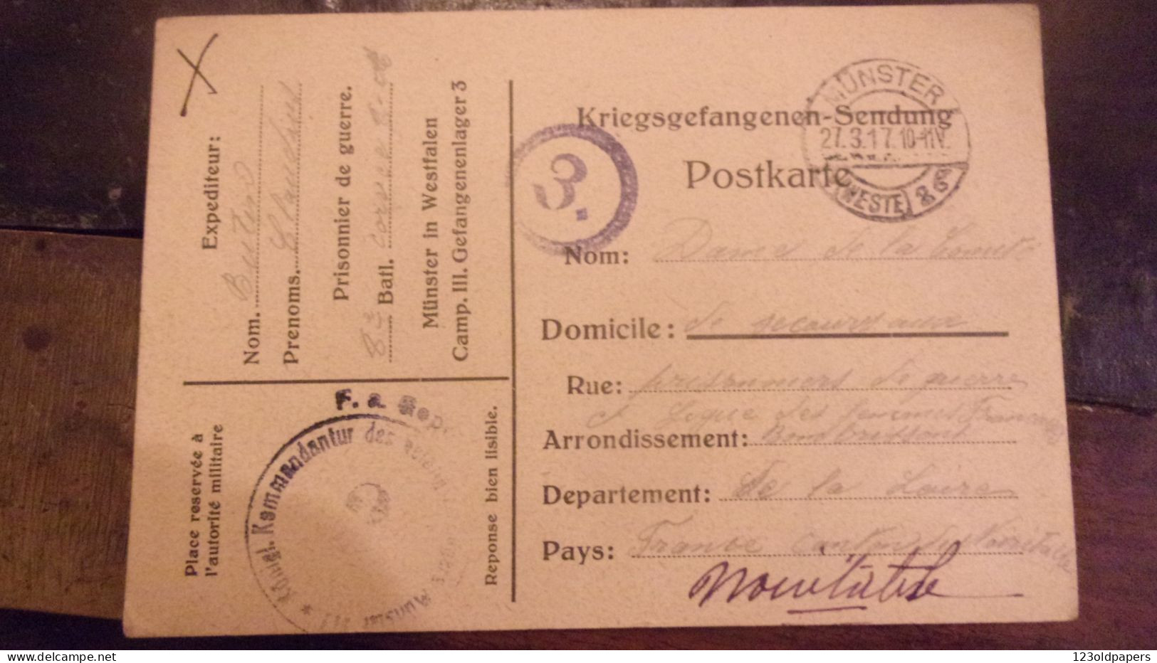 WWI Récépissé Remise Colis Camp Prisonniers Münster DAME DU COMITE SECOURS AUX PRISONNIERS  MONTBRISSON LOIRE - Oorlog 1914-18