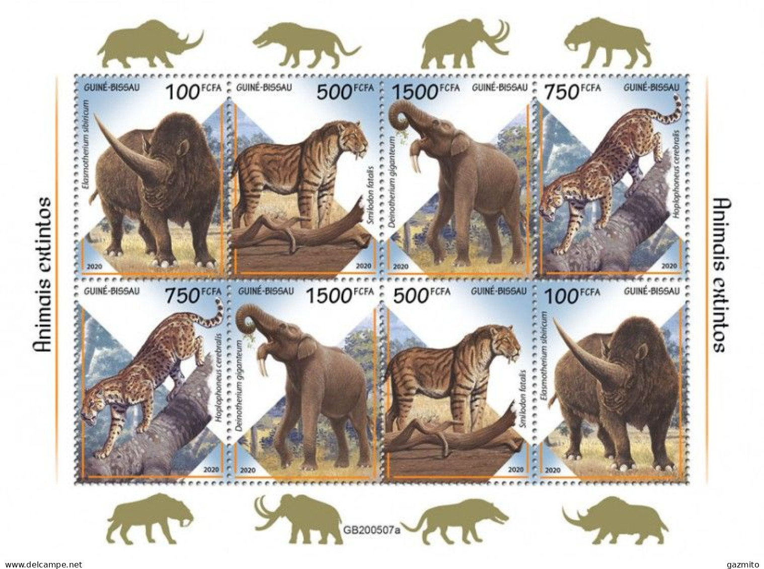 Guinea Bissau 2020, Animals Extinct, Elephants, Wild Cat, Rhino, Sheetlet - Rinocerontes