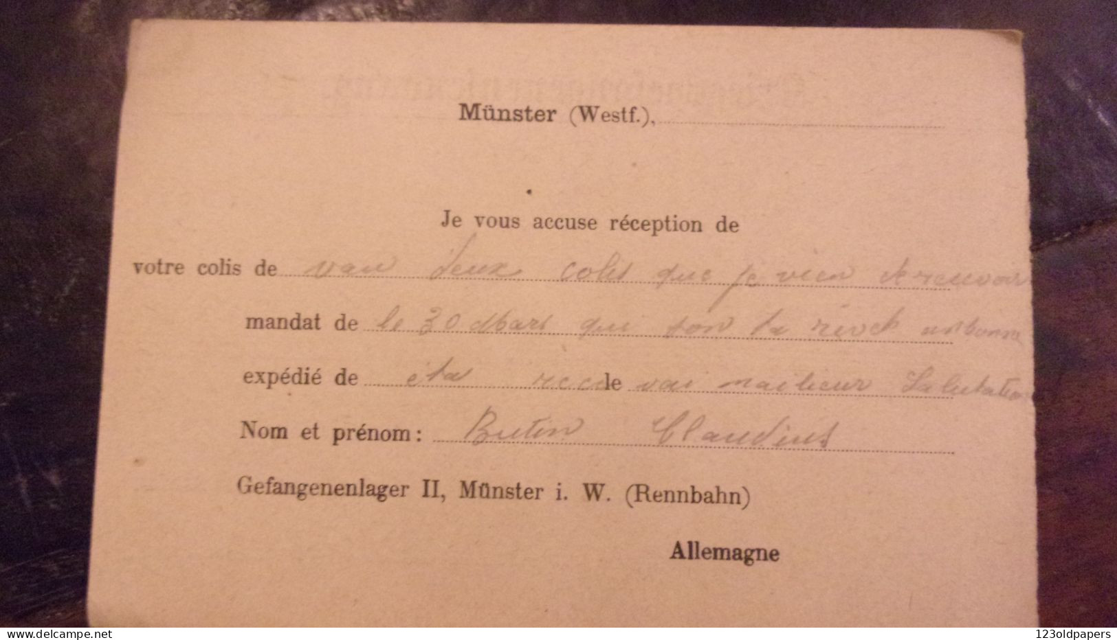 WWI Récépissé Remise Colis Camp Prisonniers Münster  COMITE DE SECOURS DE NOIRETABLE FOREZ SYNDICAT INIATIVE - Guerra De 1914-18