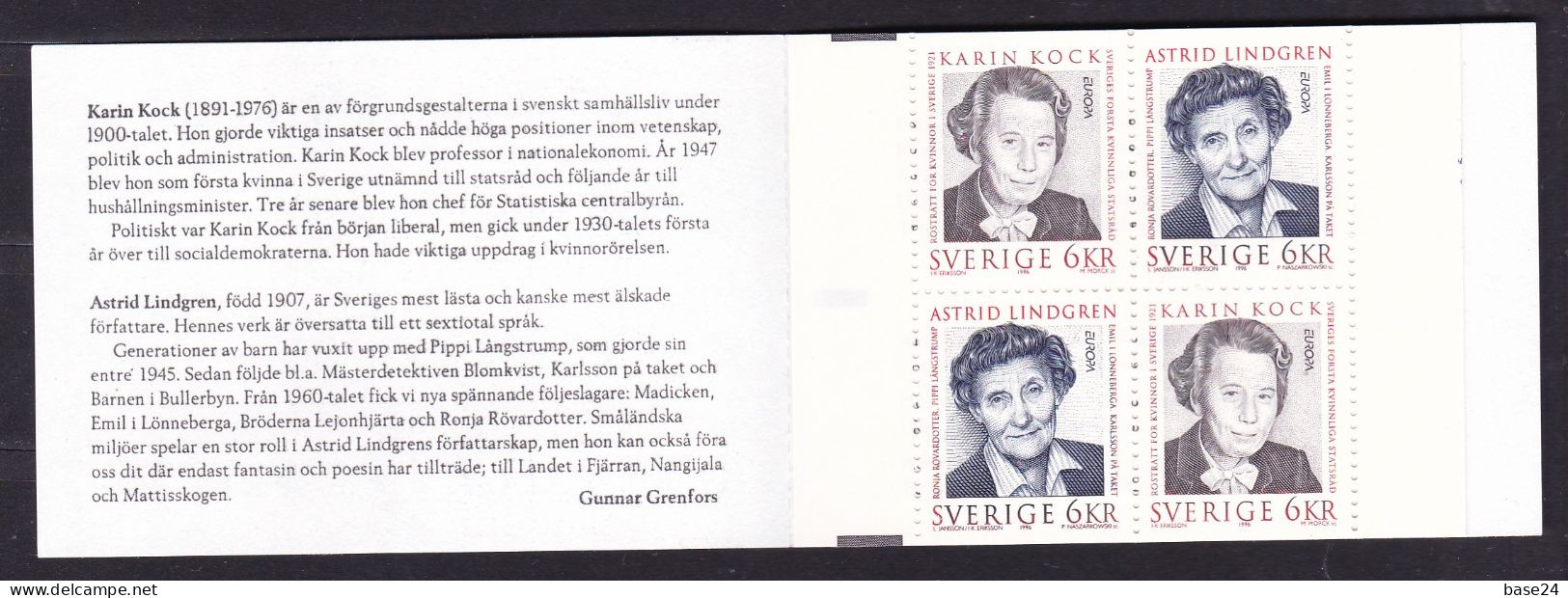 1996 Svezia Sweden EUROPA CEPT EUROPE Libretto MNH** Donne Europee Celebri Famous European Women Booklet - 1996