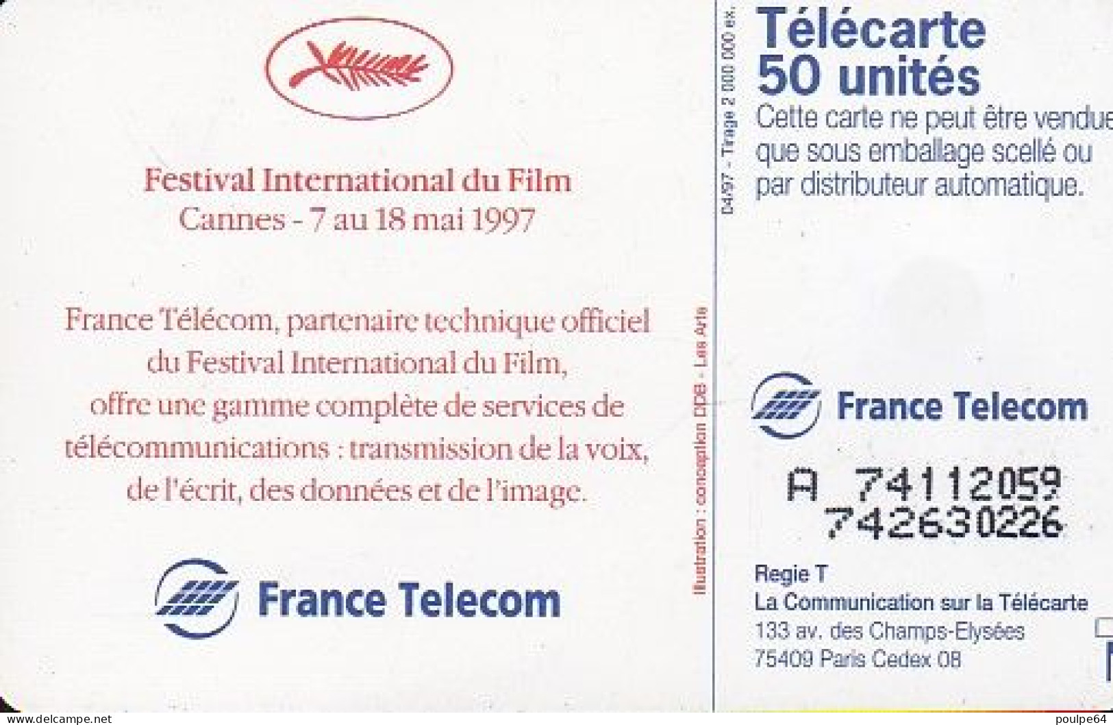 F733  04/1997 - CANNES 97 - 50 SO3 - (verso : N° Deux Lignes Vers La Droite) - 1997