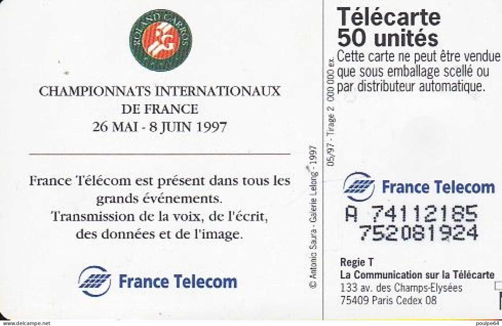 F737  05/1997 - ROLAND GARROS 97 - 50 SO3 (verso : N° Deux Lignes Vers La Droite) - 1997