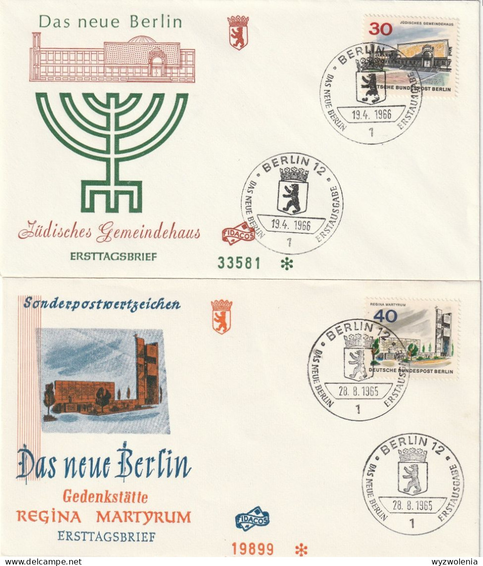 E 728) Berlin 1966 Mi# 257 FDC: Jüdisches Gemeindehaus; Mi# 258 FDC: REGINA MARTYRUM Gedenkstätte - Judaika, Judentum