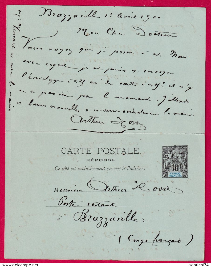 ENTIER GROUPE AVEC REPONSE PAYEE BRAZAVILLE CONGO FRANCAIS ANNEE ECHOPPE POUR ST GHISLAIN BELGIQUE 1900 LETTRE - Cartas & Documentos