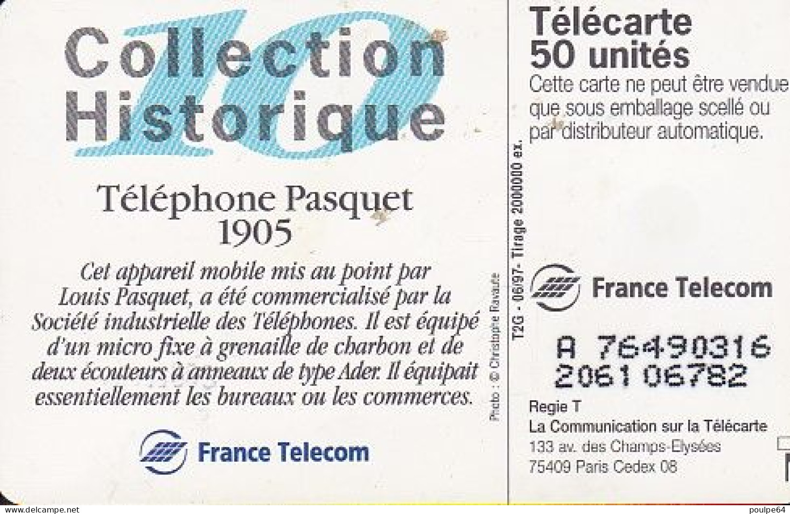 F752  06/1997 - PASQUET 1905 - 50 SO3 - (verso : N° Deux Lignes - 2ème Ligne Vers La Gauche Sous Le A) - 1997