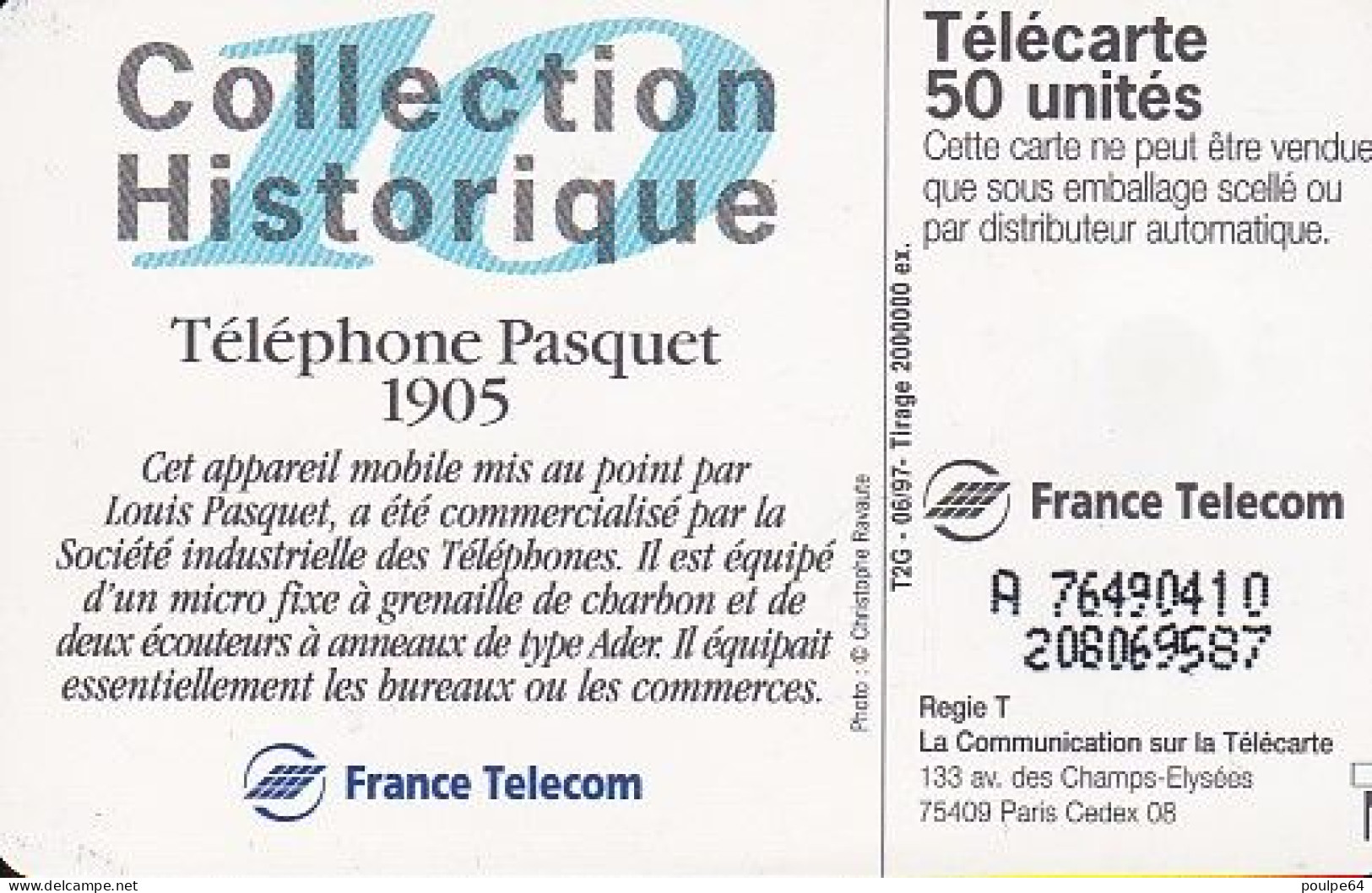 F752  06/1997 - PASQUET 1905 - 50 SO3 - (verso : N° Serrés Deux Lignes - 2ème Ligne Vers La Droite) - 1997