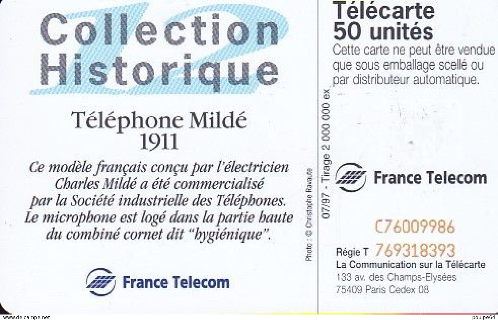 F760  07/1997 - MILDÉ 1911 - 50 SC7- (verso : N° Rouges Vers Le Bas - Deux Lignes) - 1997