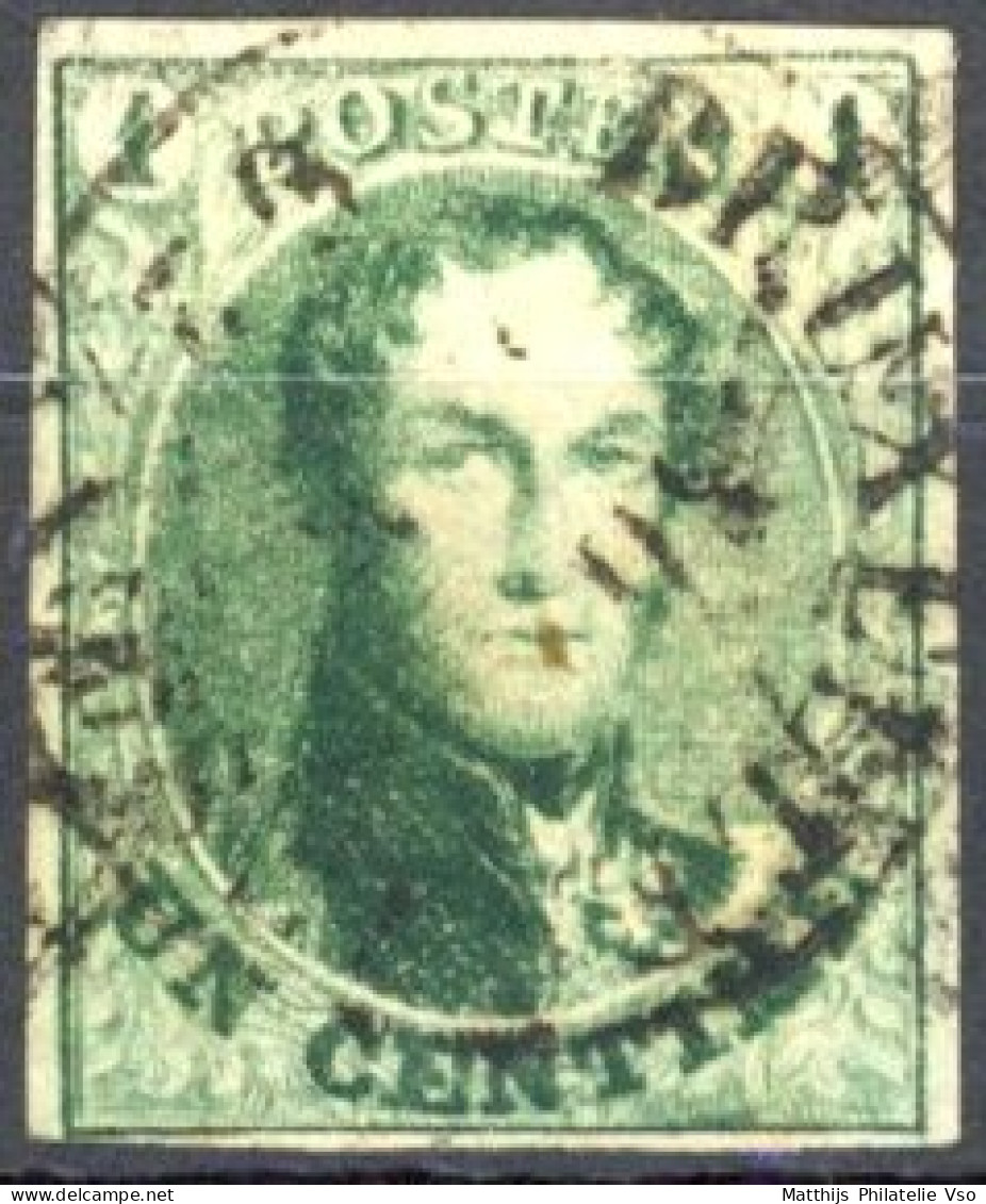 [O SUP] N° 9-cu, 1c Vert Foncé, Margé - Impression Doublée (glissée). Jolie Obl Centrale  DC 'Bruxelles'. Rare - 1858-1862 Medallones (9/12)