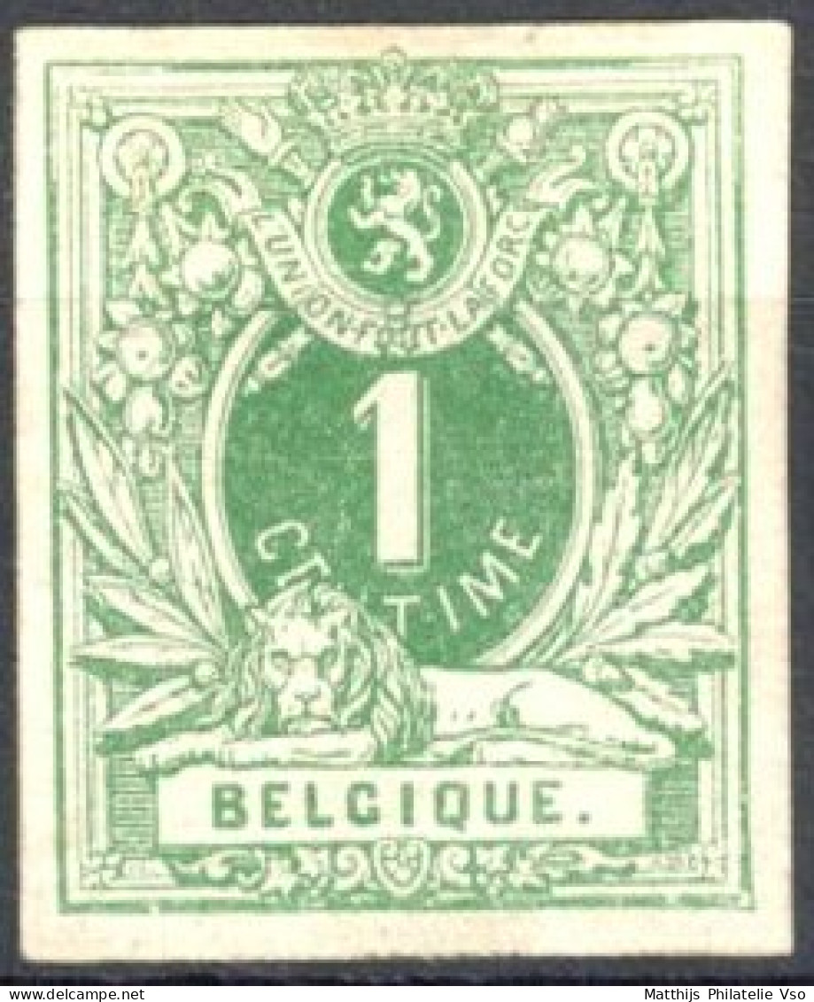 [** SUP] N° 26, 1c Vert, Non Dentelé - Signé Williame - Cote: 80€ - 1869-1883 Leopold II