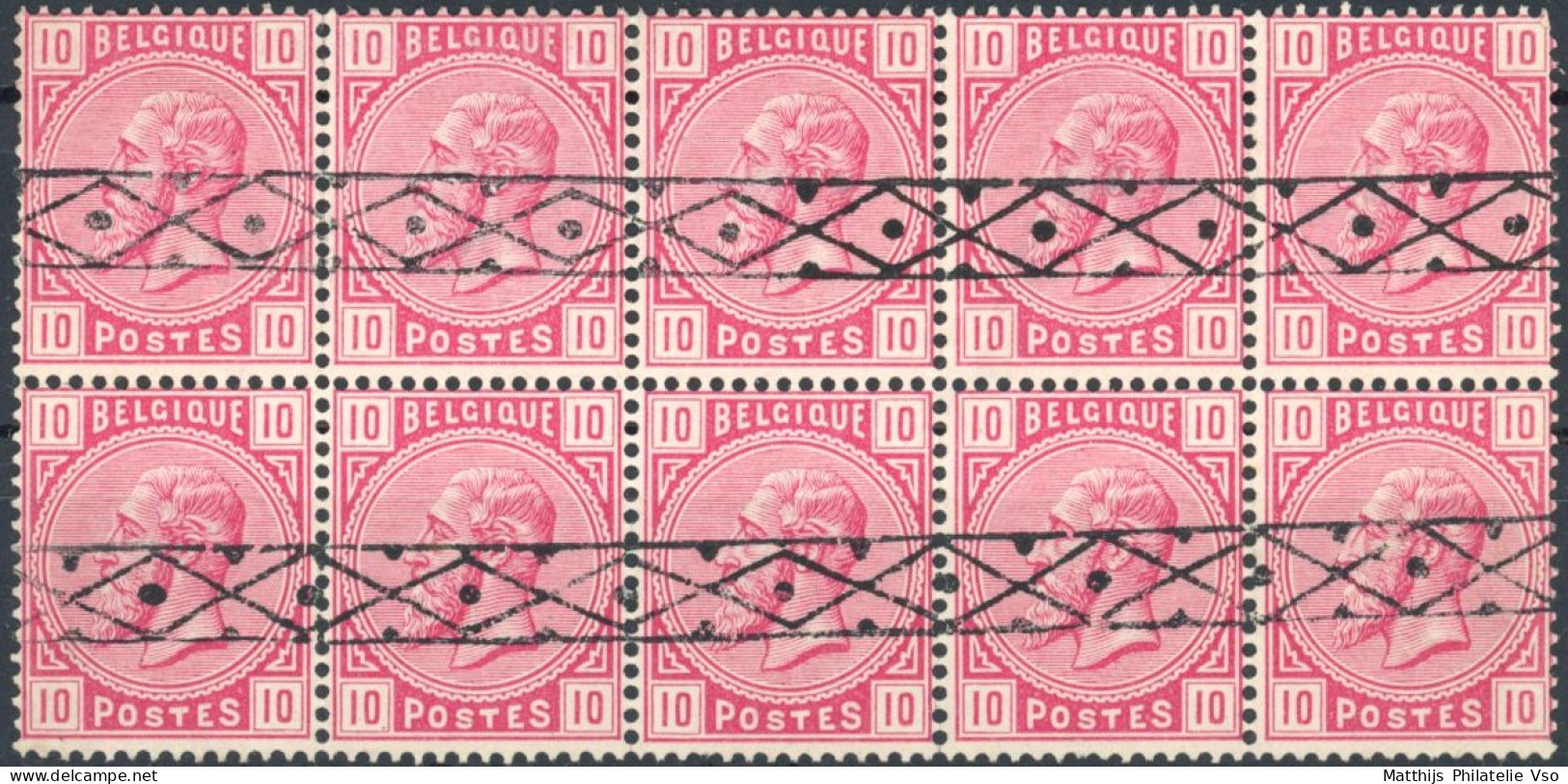 [O TB] N° 38, Bloc De 10 - Obl Roulette - 1869-1883 Leopold II.