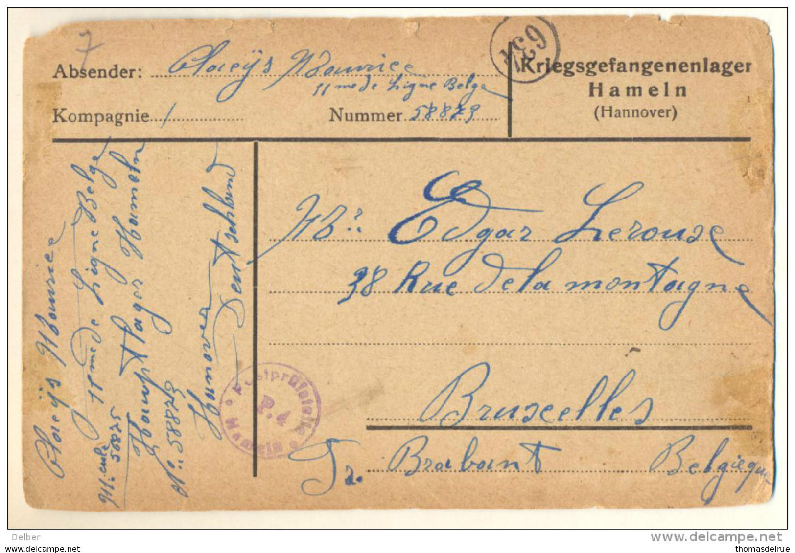 4v824: Postkarte Kriegsgefangene... Hameln (Hannover) + Censuurstempel < Bruxelles ... Iets Beschadigd... - Krijgsgevangenen
