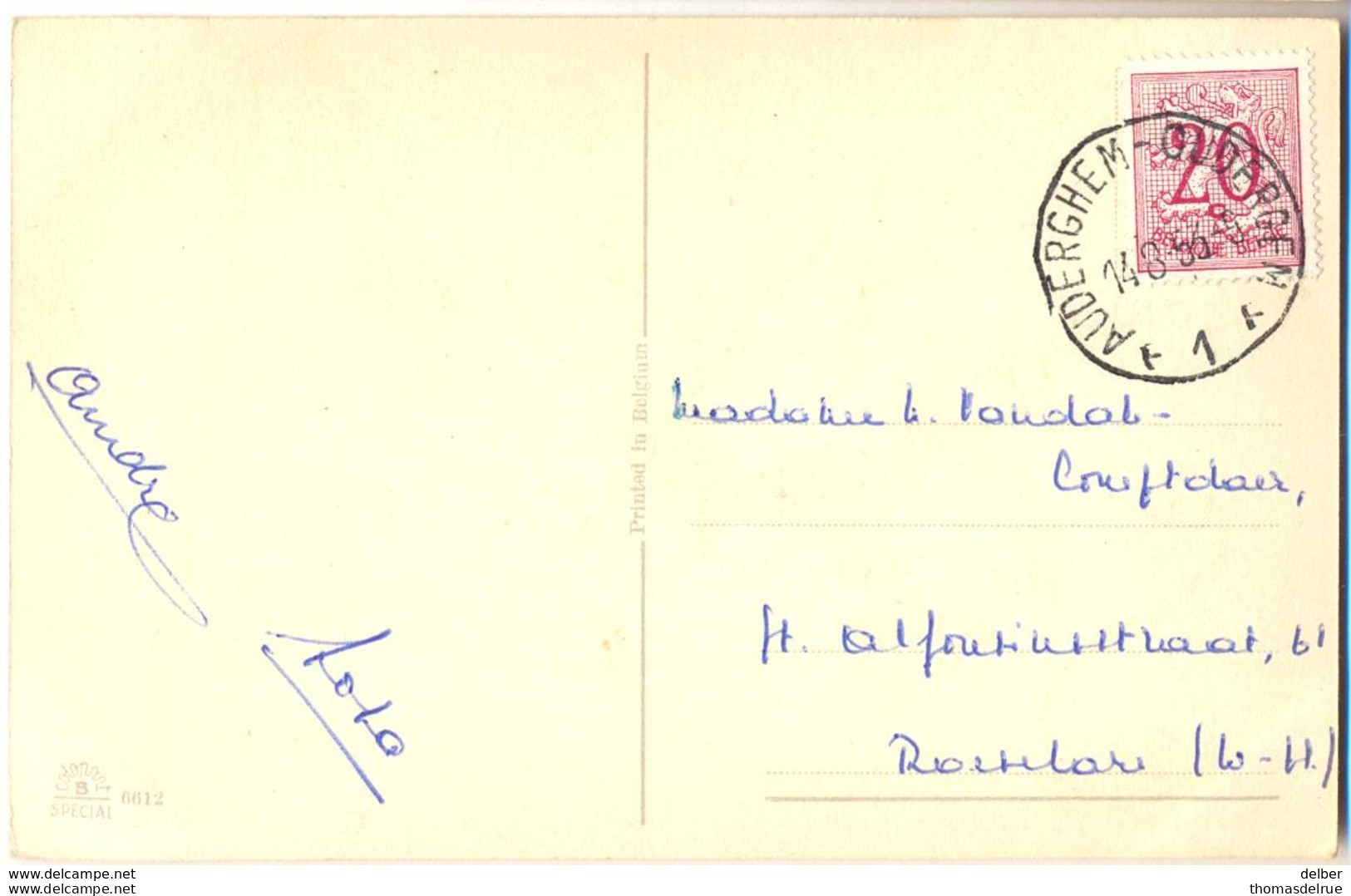 Nx320: N°851: AUDERGHEM-OUDERGEM A1A 14-8-53 > Roeselare  .. Bonne Fête - 1951-1975 Heraldieke Leeuw
