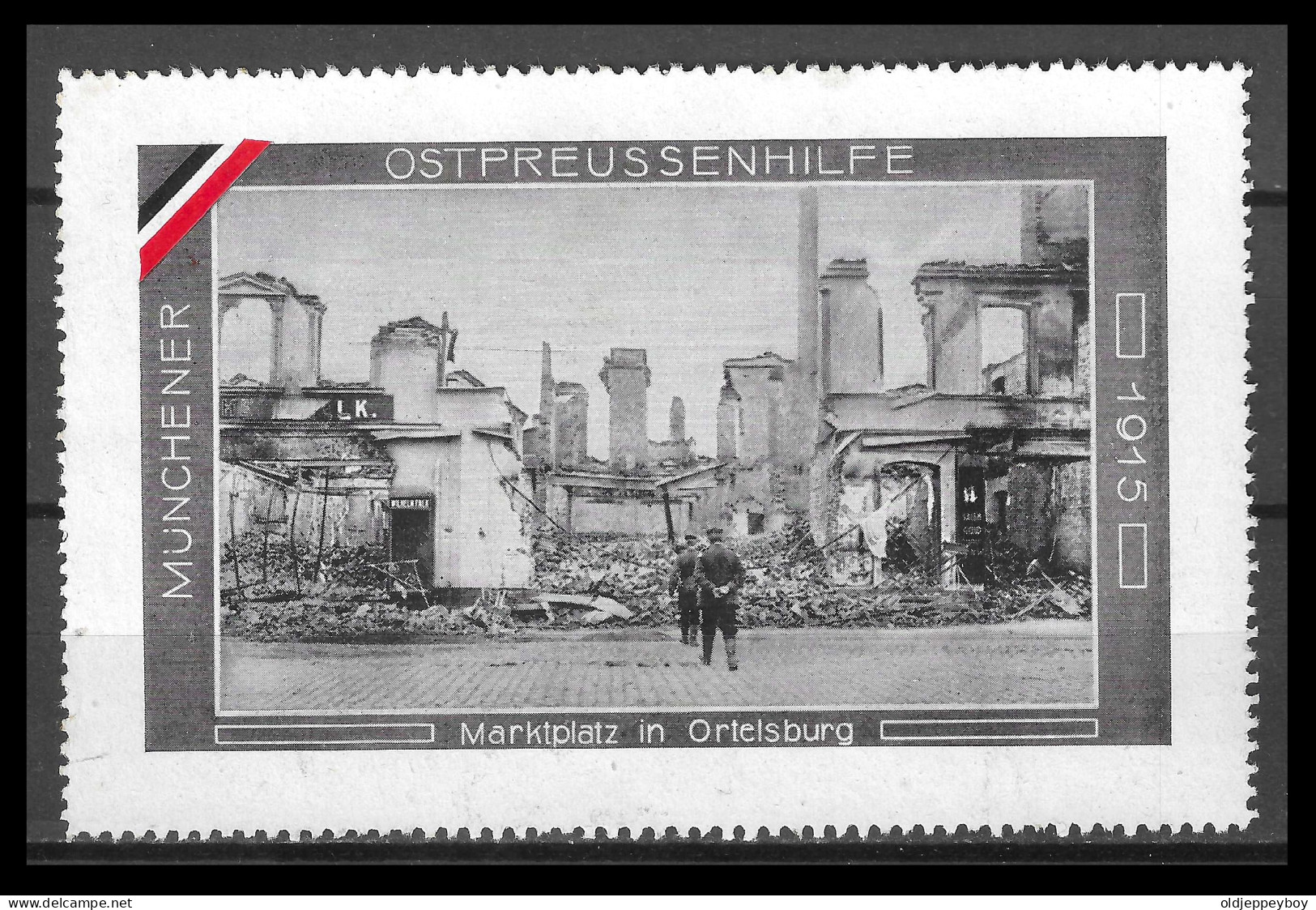 1915 WW1 GERMANY AUSTRIA VIGNETTE 11 X 7CM EAST PRUSSIA AID MUNCHENER MARKTPLATZ IN ORTELSBURG Destruction RUSSIAN ARMY  - Militaria