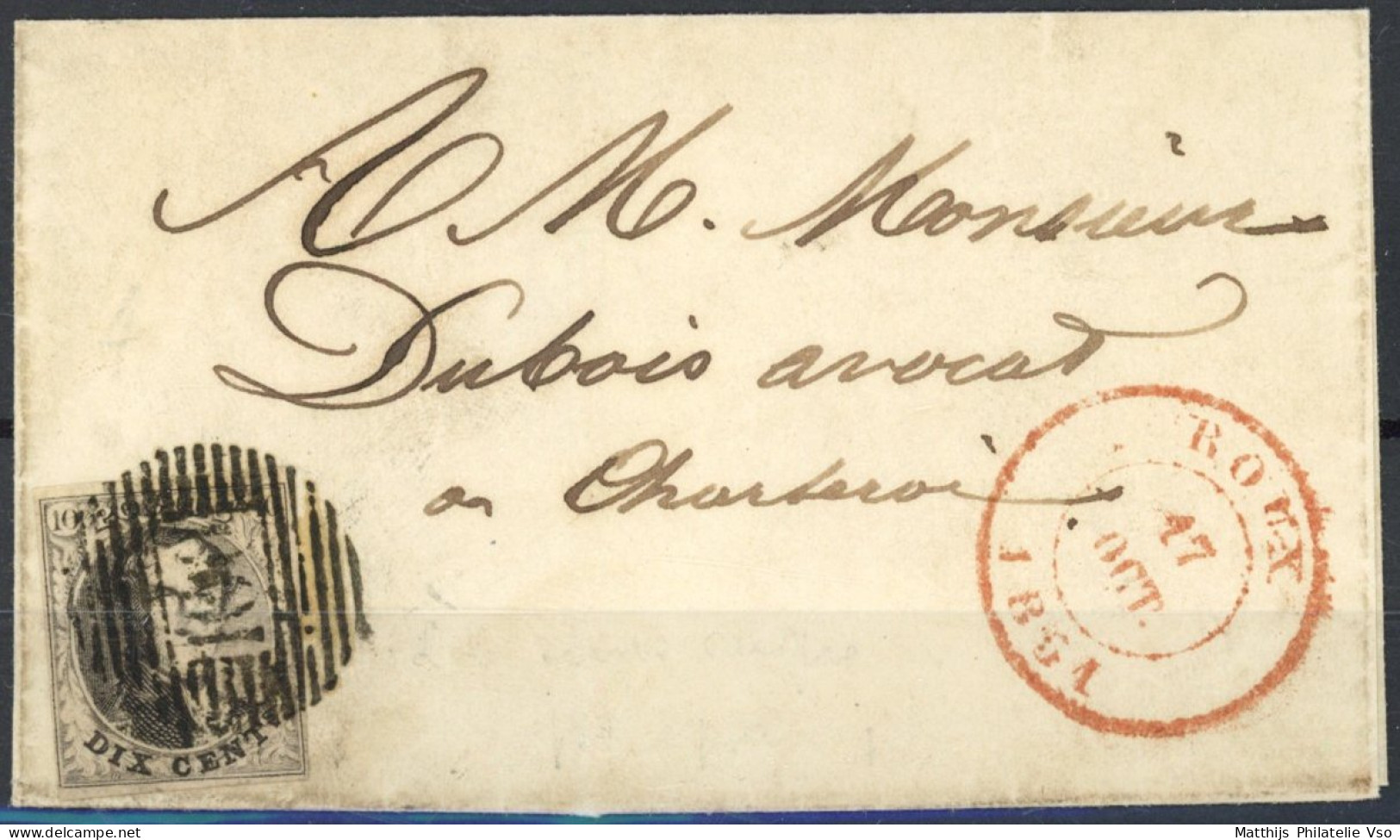 [Document TB] N° 6, TB Margé Sur Jolie Lettre De Roux, Obl 'P160' Du 17 Oct 1851 Vers Charleroi - 1851-1857 Medallions (6/8)