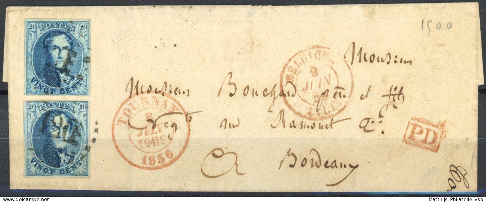 [Document SUP] N° 7A (2x), Bien Margés Sur Superbe Lettre De Tournai, 'P120' à Points Du 8 Juin 1856 Vers Bordeaux - 1851-1857 Medallions (6/8)