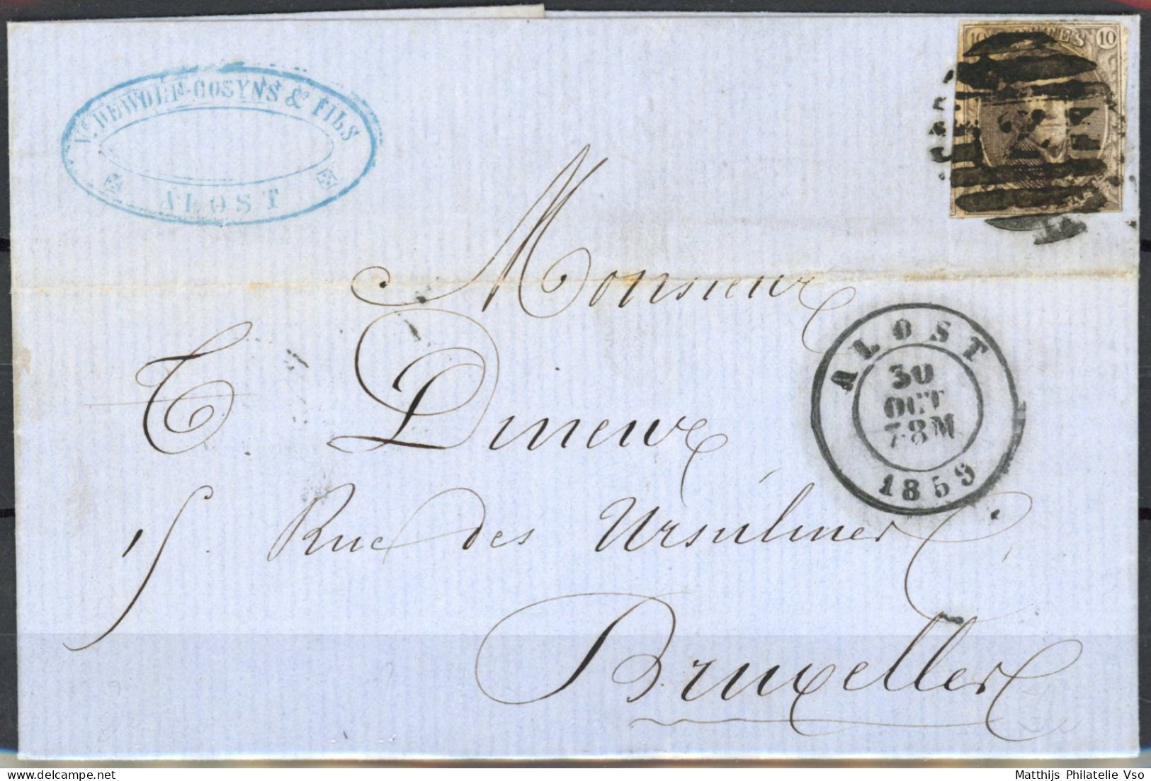 [Document SUP] N° 10A, Margé Avec Voisin Sur LAC D'Alost, Superbe Obl 'P2' 8b Du 30 Oct 1859 Vers Bruxelles - 1858-1862 Medaillen (9/12)