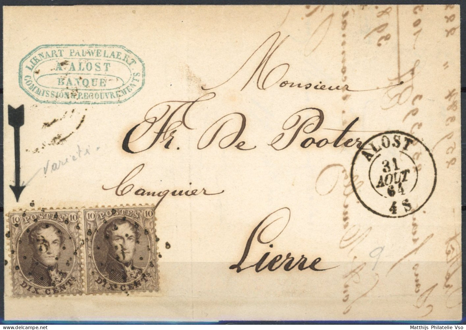 [Document SUP] N° 14A, Paire Avec Superbe Centrage Sur TB Lettre D'Alost 'LP3' Du 31 Aout 1864 Vers Lierre. LUXE - 1863-1864 Medaillen (13/16)