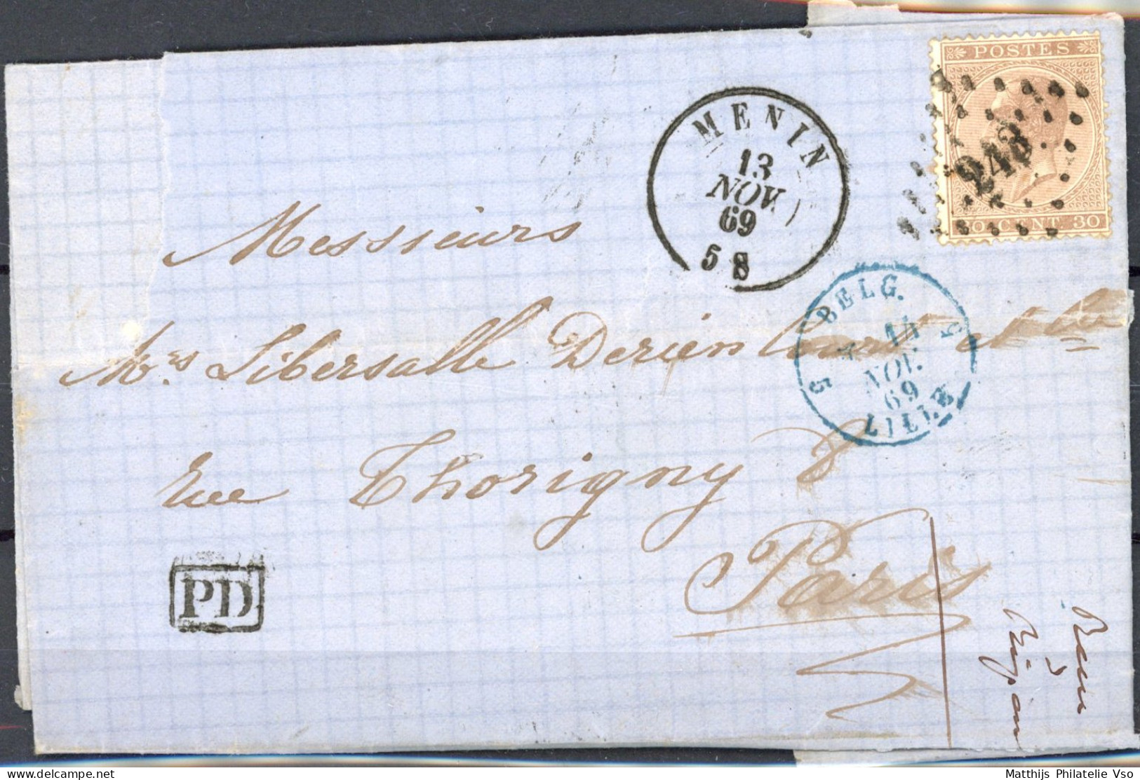 [Document TB] N° 19A Sur LAC De Menin, 'LP243' Du 13 Nov 1869 Vers Paris - 1865-1866 Linksprofil