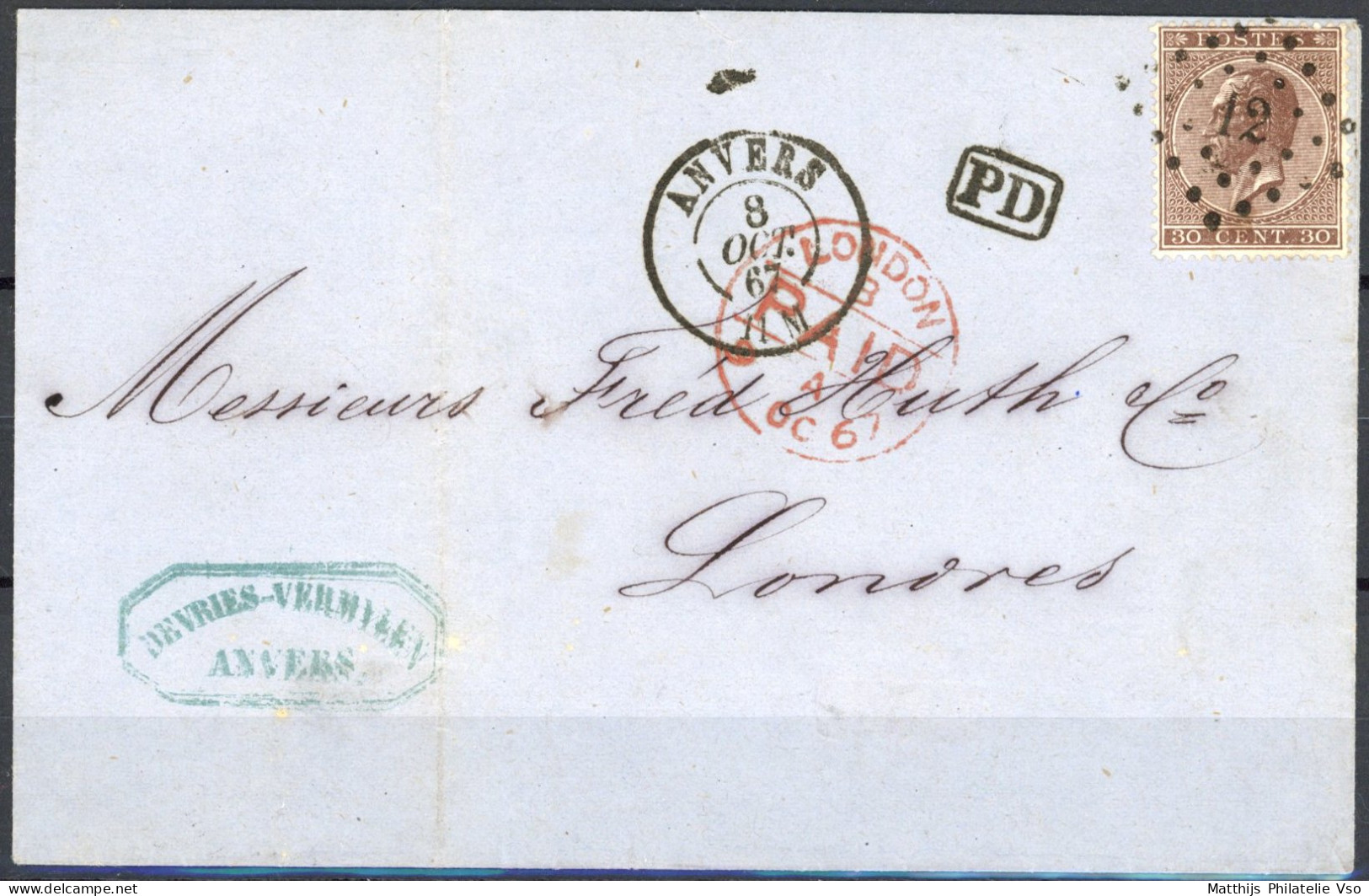 [Document SUP] N° 19A (centrage Parfait) Sur Superbe Lettre Obl 'LP12' Anvers Du 8 Oct 1867 Vers Paris. Frappes Superbes - 1865-1866 Linksprofil