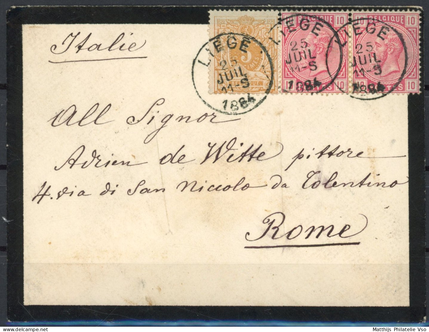 [Document SUP] N° 28+38(2x),  Affr Mixte Sur TB Enveloppe De Liège Pour Rome Adressée Au Peintre Adrien De Witte. Griffe - 1883 Leopold II.