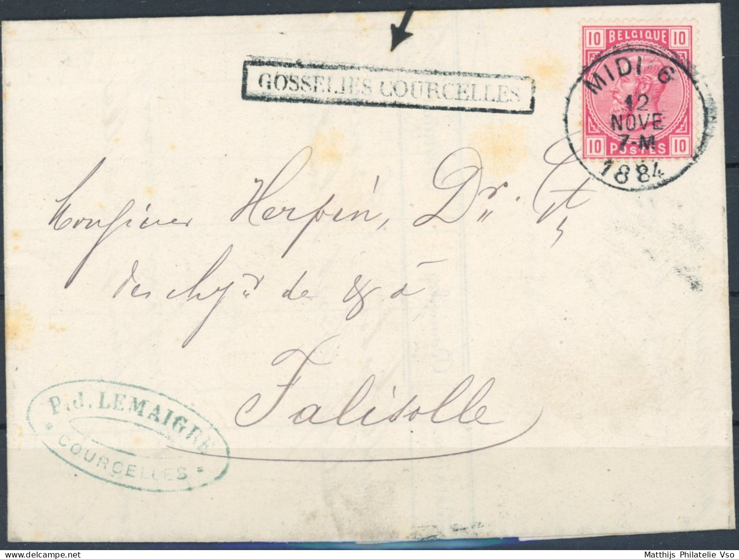 [Document SUP] N° 38 Sur TB LAC Obl Ambulant 'Midi 6' Du 12 NOVE 1884 Vers Falisolle. Griffe Encarée 'GOSSELIES-COURCELL - 1883 Leopold II