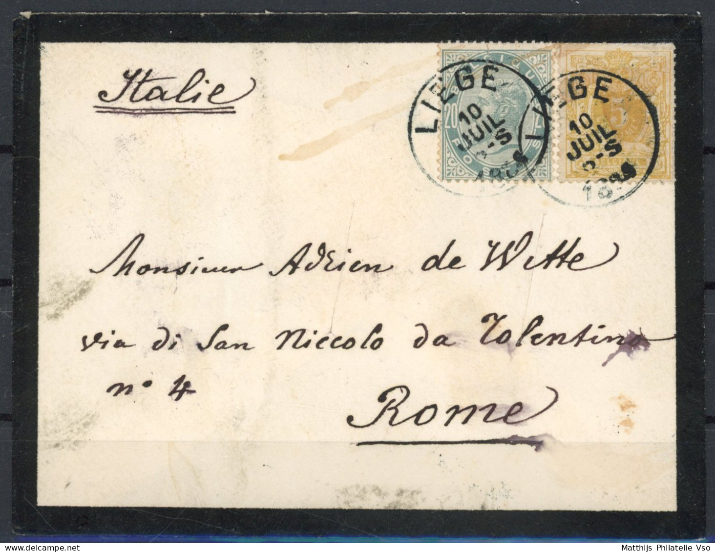 [Document SUP] N° 28+39, Affr Mixte Sur TB Enveloppe De Liège Pour Rome Adressée Au Peintre Adrien De Witte. Griffe Man  - 1883 Léopold II