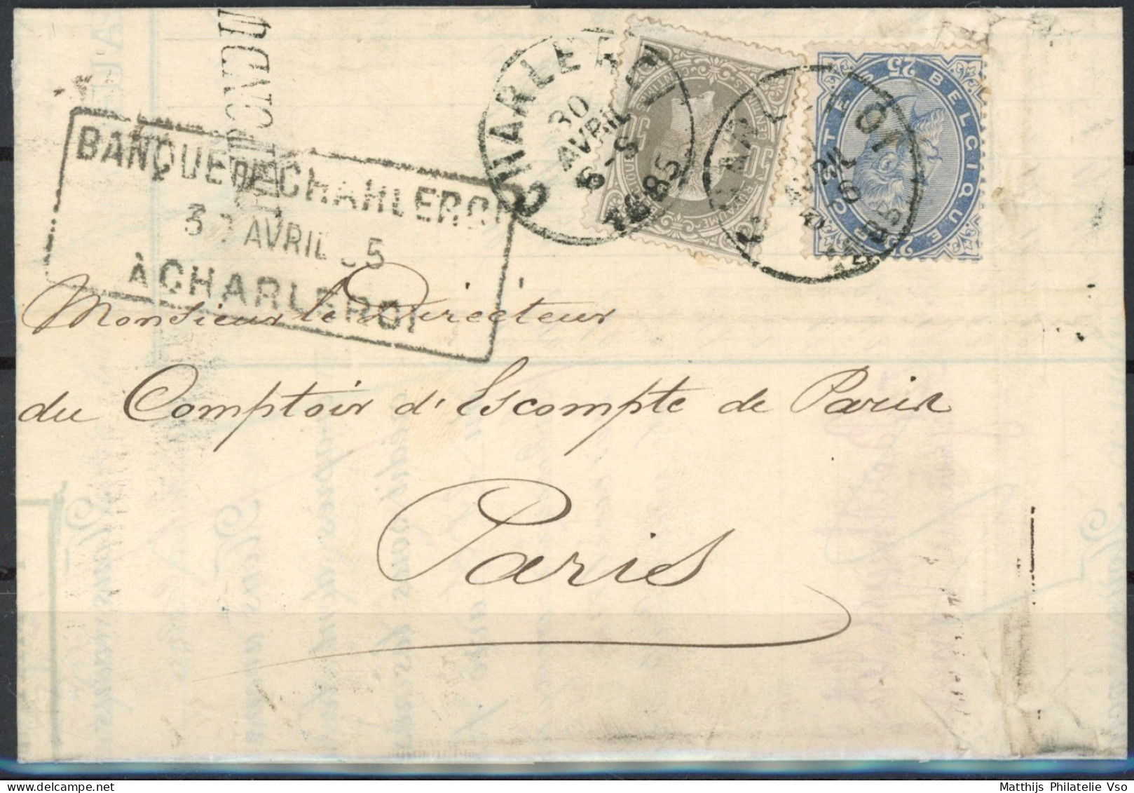 [Document SUP] N° 35+40,  Affr Mixte Sur LAC De Charleroi Le 30 Avril 1885 Pour Paris. Rare Et Superbe - 1883 Léopold II