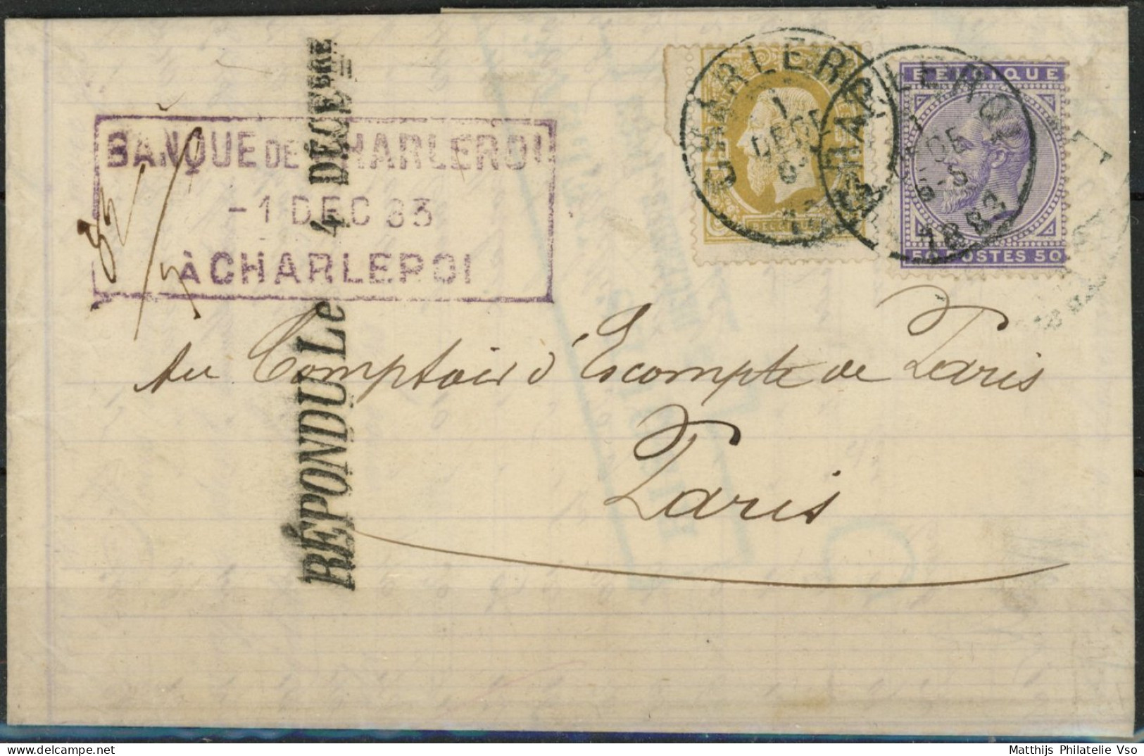 [Document SUP] N° 32+41,  Affr Mixte Sur LAC De Charleroi Le 1 Dec 1883 Pour Paris. Rare Et Superbe - 1883 Léopold II