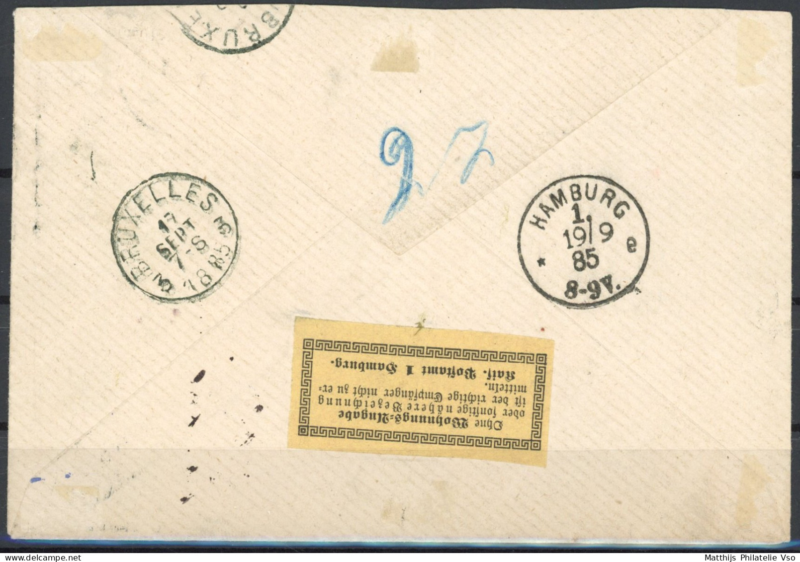 [Document SUP] N° 41 Seul Sur TB Enveloppe Reco De Bruxelles (palais De Justice) Le 17 Sept 1885 Vers Hambourg. Ville Bi - 1883 Leopold II.