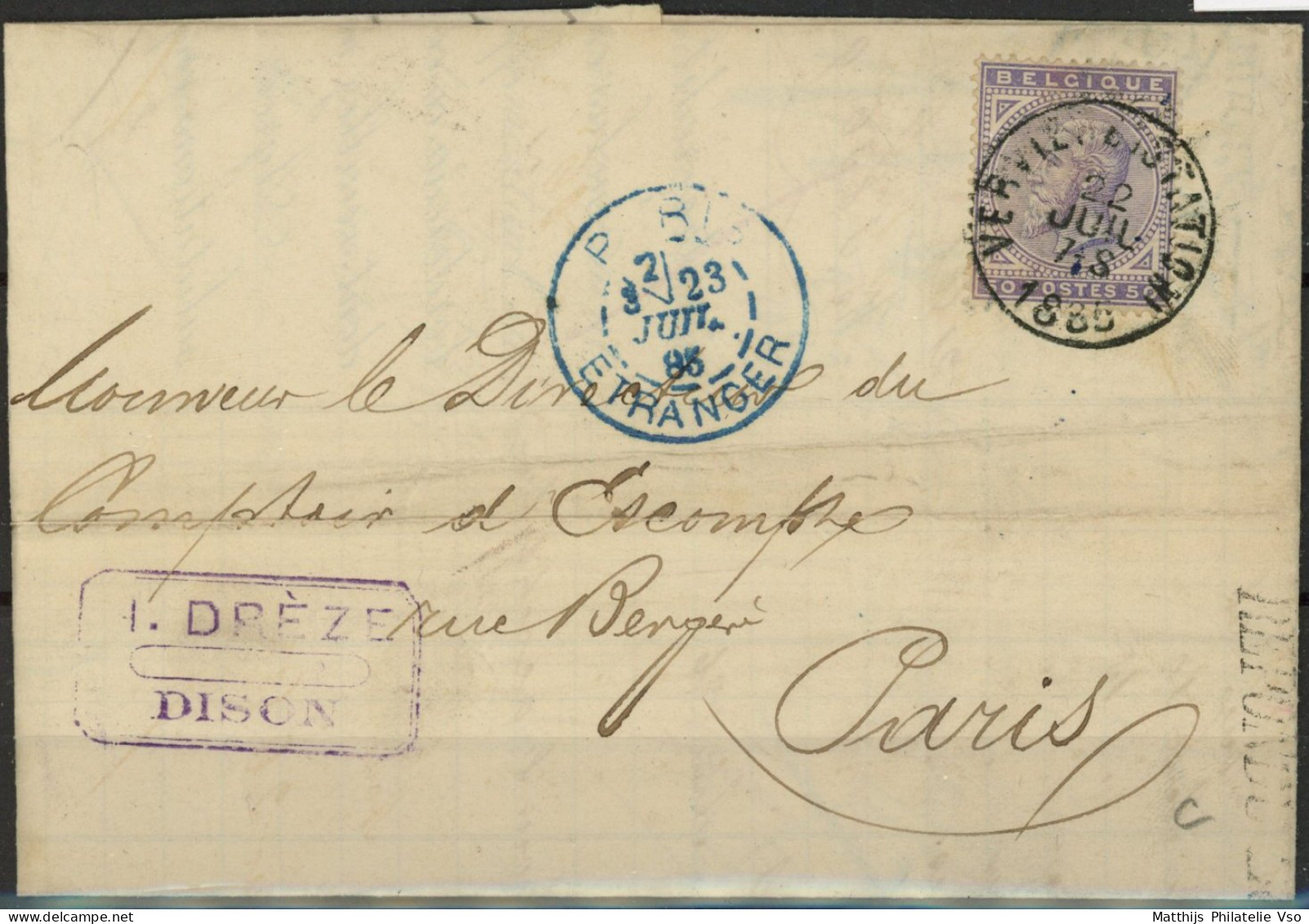 [Document SUP] N° 41 Seul Sur LAC De Verviers (Sation)  Le 22 Juillet 1885 Vers Paris. Rare Et Superbe - 1883 Leopold II.