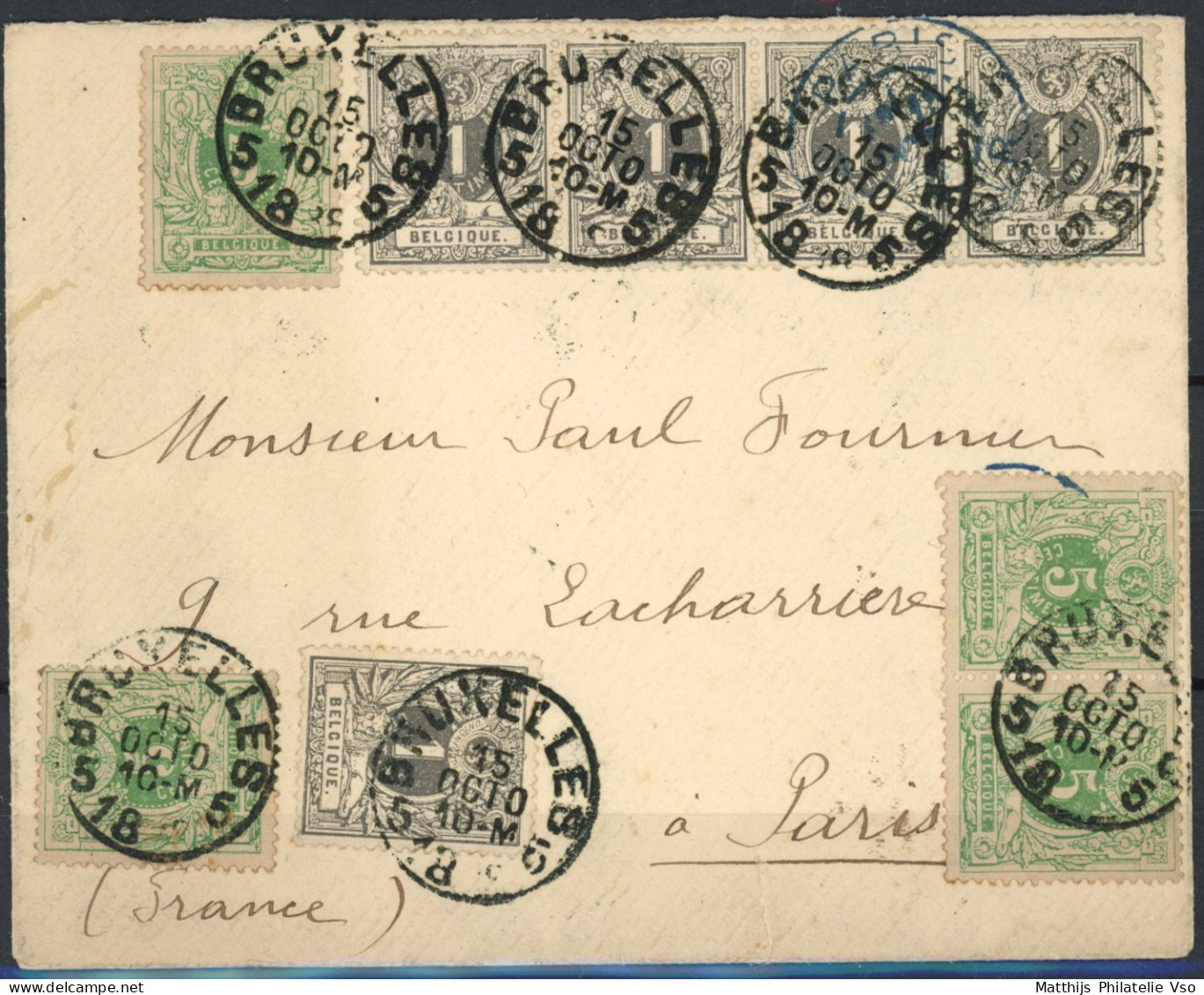 [Document SUP] N° 43(5x)+45(4x) Sur Jolie Enveloppe De Bruxelles Le 15 Octo 1888 Vers Paris. Spectaculaire - 1884-1891 Léopold II