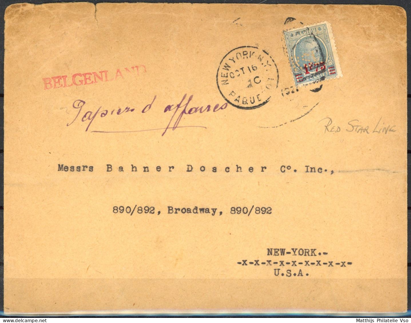 [Document TB] N° 248, Perforé 'RSL' Red Star Line Sur Enveloppe Pour New-York Du 16.10.1927. Obl NY Paquebot - 1922-1927 Houyoux