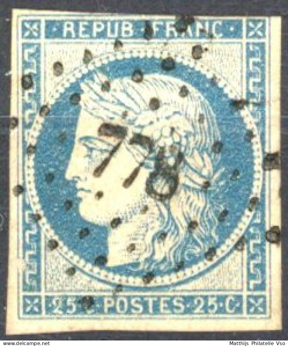 [O TB] N° 4, 25c Bleu (3 Marges) Obl Concours Peu Courante 'PC778' Châteaubourg - 1849-1850 Ceres
