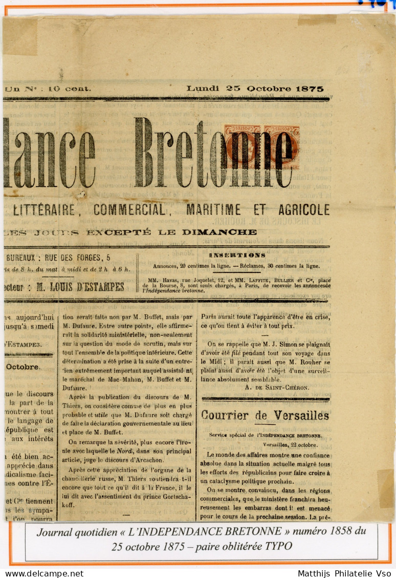 [Document SUP] N° 51 En Paire Sur Journal Annulation Typo (voir Descriptif) - 1871-1875 Cérès