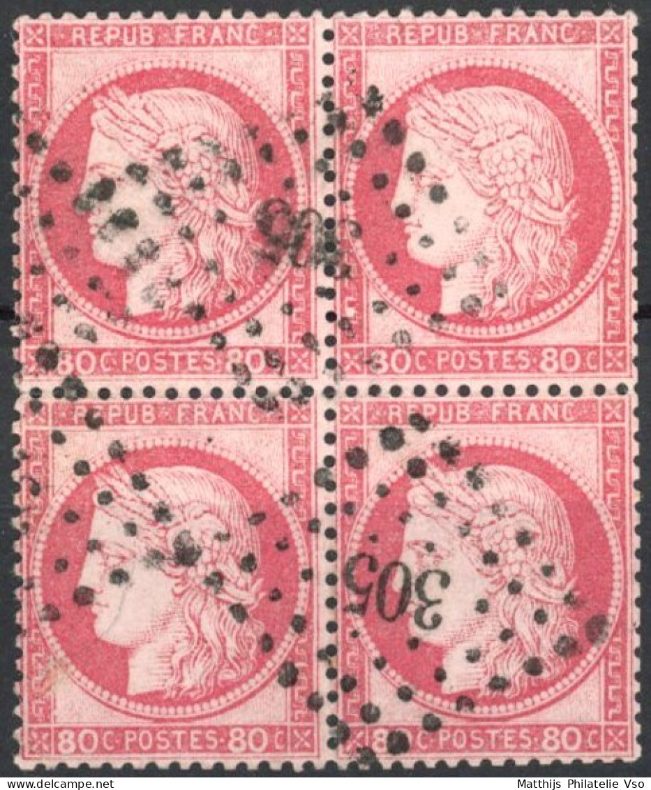 [O SUP] N° 57, 80c Rose En Bloc De 4 - Superbe Obl 'PC305' Beaufort En Vallée. Rare - 1871-1875 Ceres