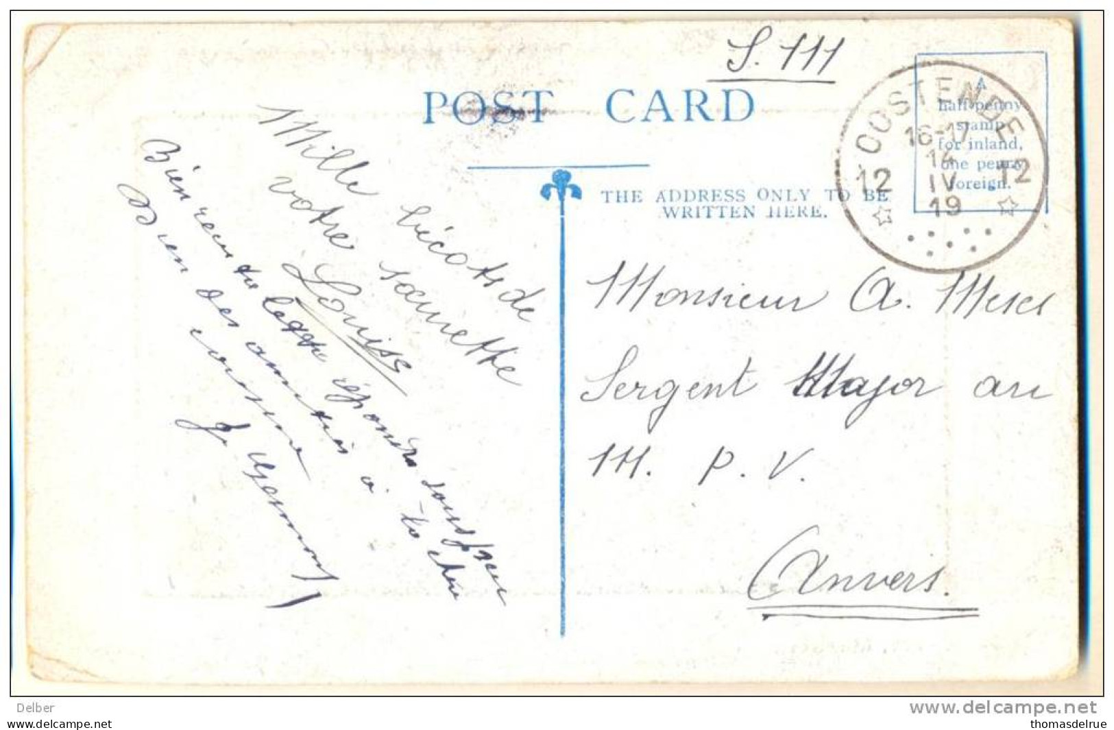 3pk794: POST CARD  THE JETTY, MARGATE:=S.M. 12* OOSTENDE 12* > Anvers 14 IV 19: Sterstempel: Postagentschap - Fortune Cancels (1919)