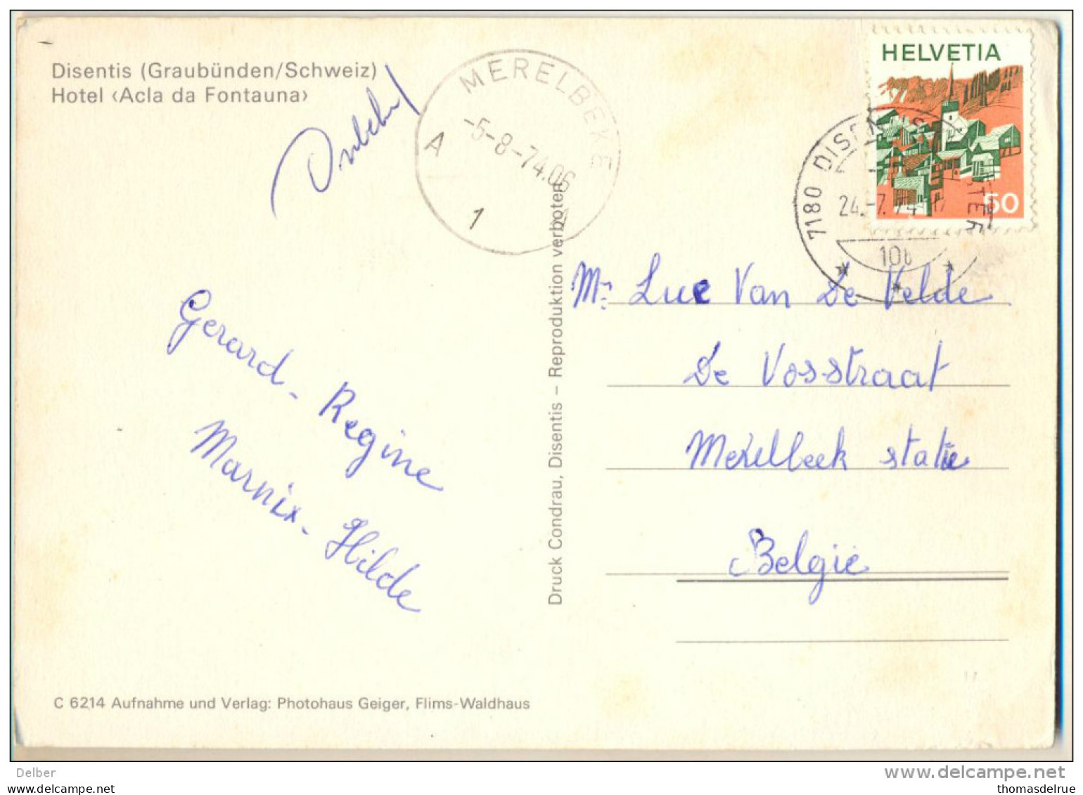 2n209: Disentis (Graubünden/Schweiz) Hotel (Acla Da Fontaunaà > Merembeke BE - Disentis/Mustér