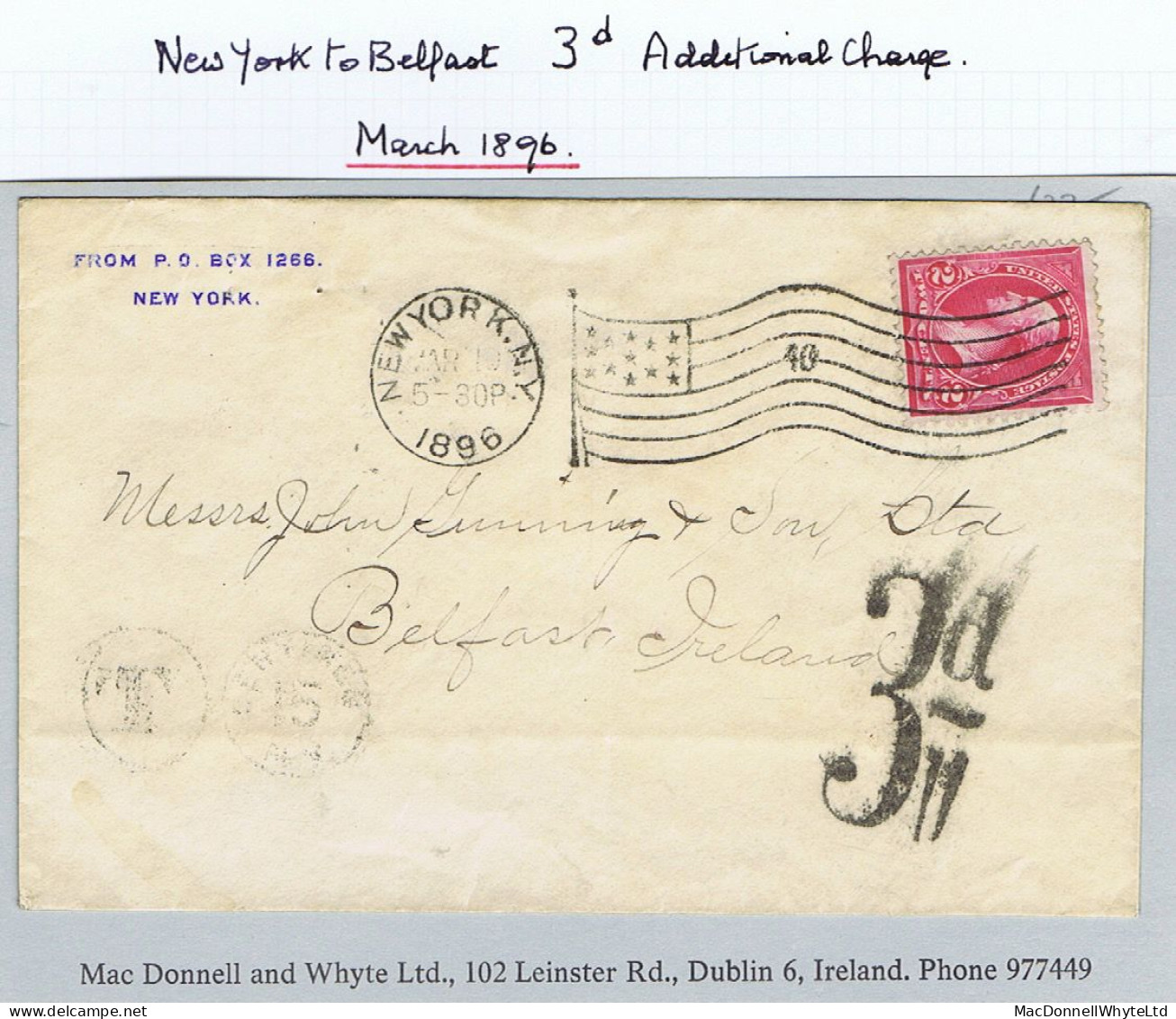 Ireland Postage Due Maritime Belfast 1906 Underpaid Cover New York To Belfast "T/15" With Large Hs "3d/=" - Prephilately