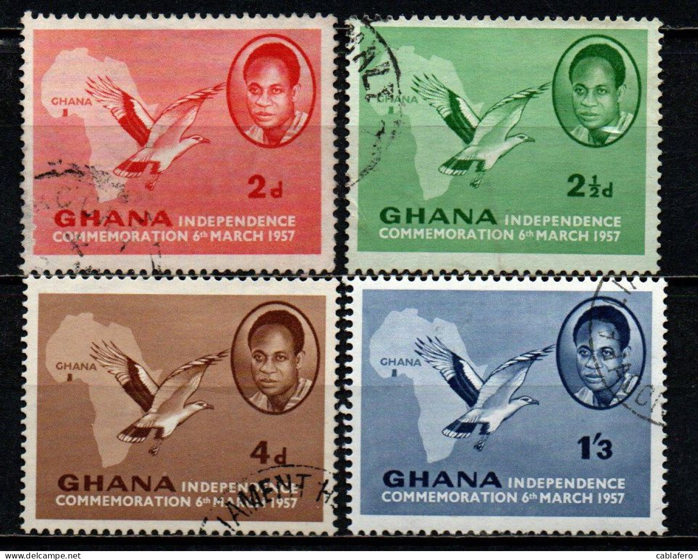 GHANA - 1957 - INDIPENDENZA DEL GHANA - EFFIGIE DI GWAME NKRUMAH - MAPPA DELL'AFRICA - UCCELLO CHE VOLA - USATI - Ghana (1957-...)